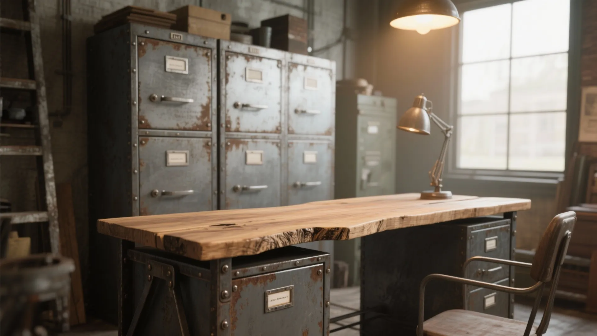 Industrial office with wooden desk metal cabinets desk lamp chair window and a ceiling light