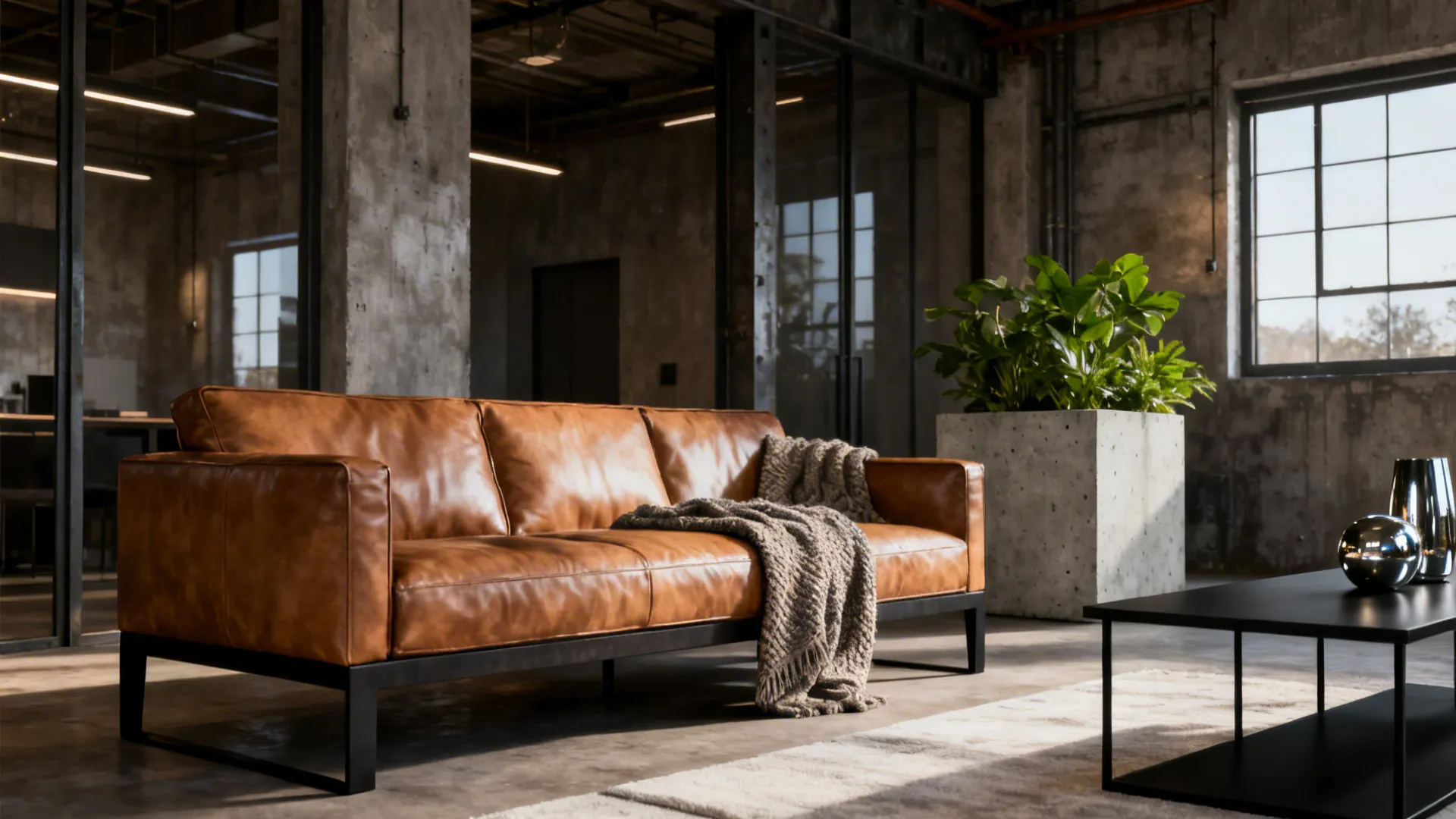 Brown leather sofa with blanket and concrete planter with green plant in industrial living room