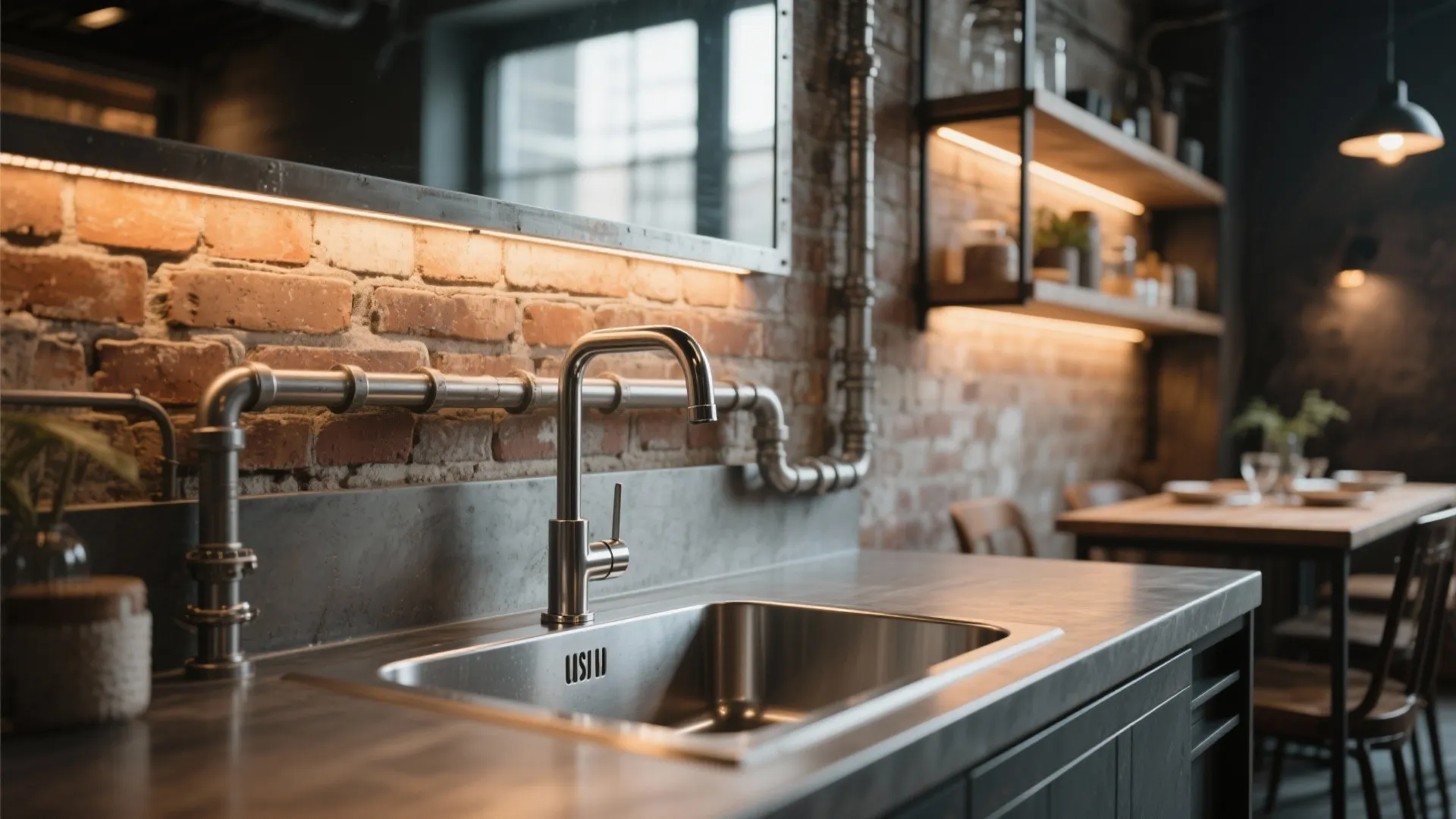 Industrial kitchen design with brick wall metal pipes stainless steel sink and warm hanging lights