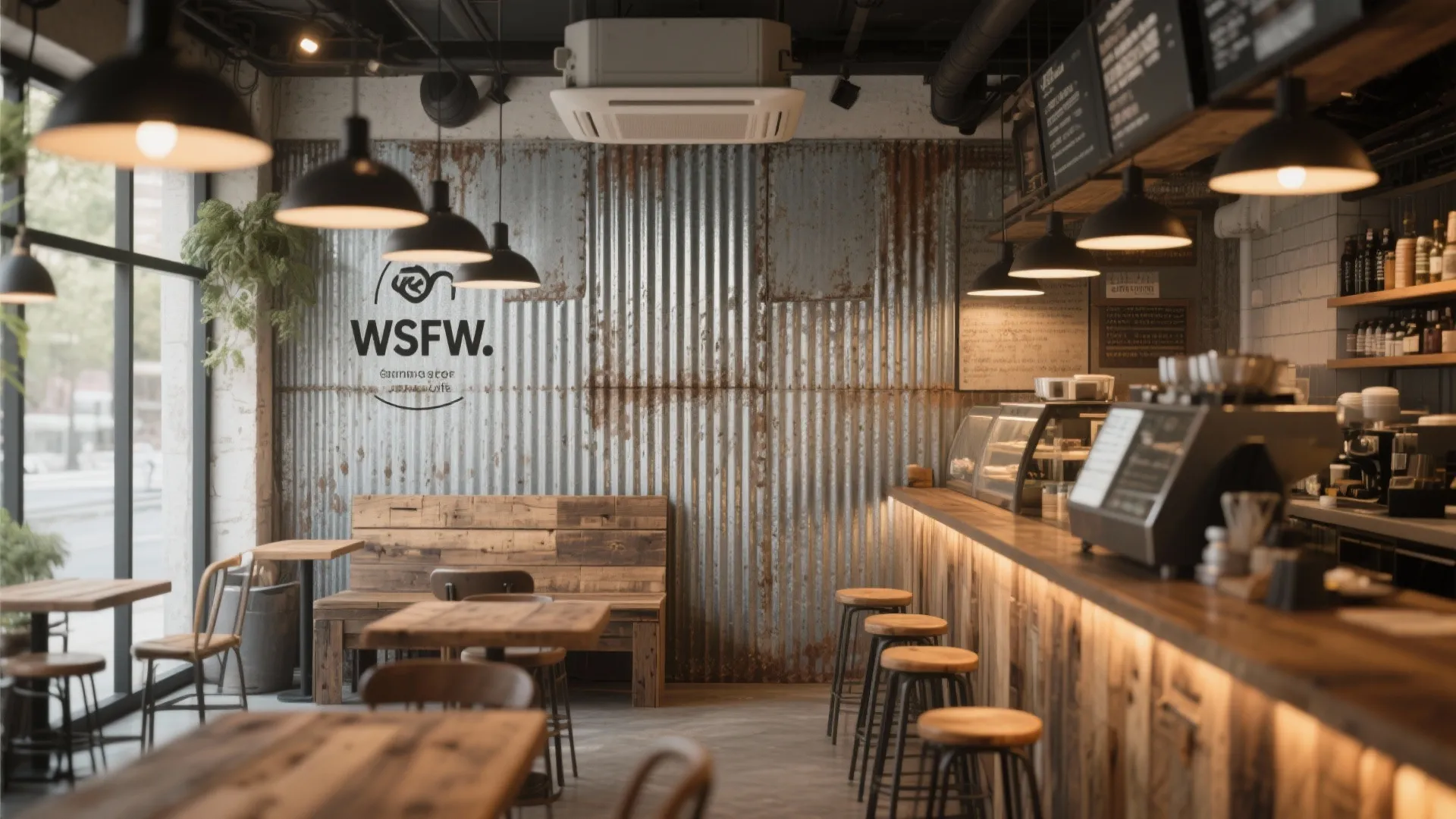 Industrial cafe design with corrugated metal wall wooden counter bar stools and black ceiling lights