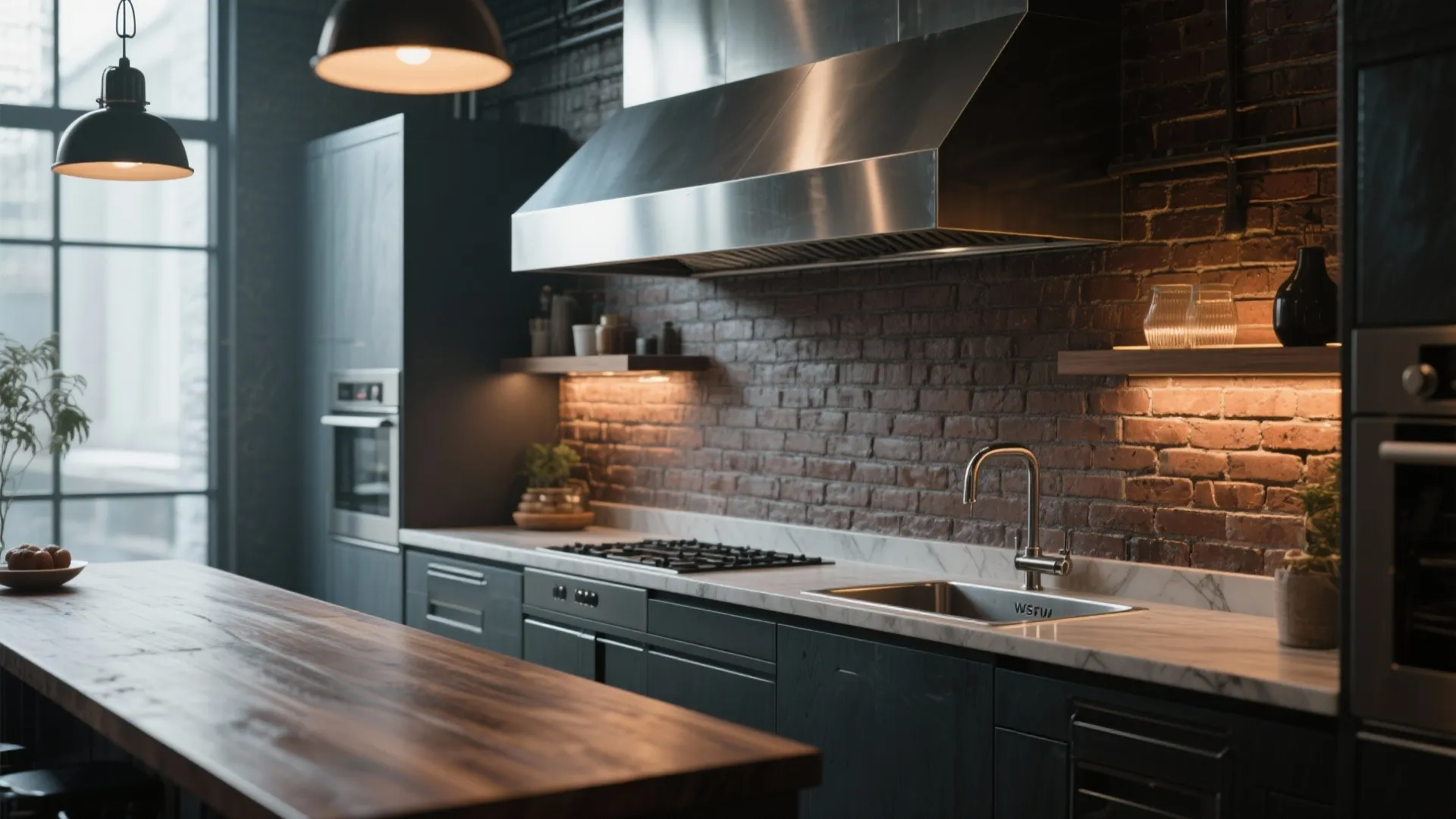 Industrial kitchen design with red brick wall dark cabinets metal range hood and wood island