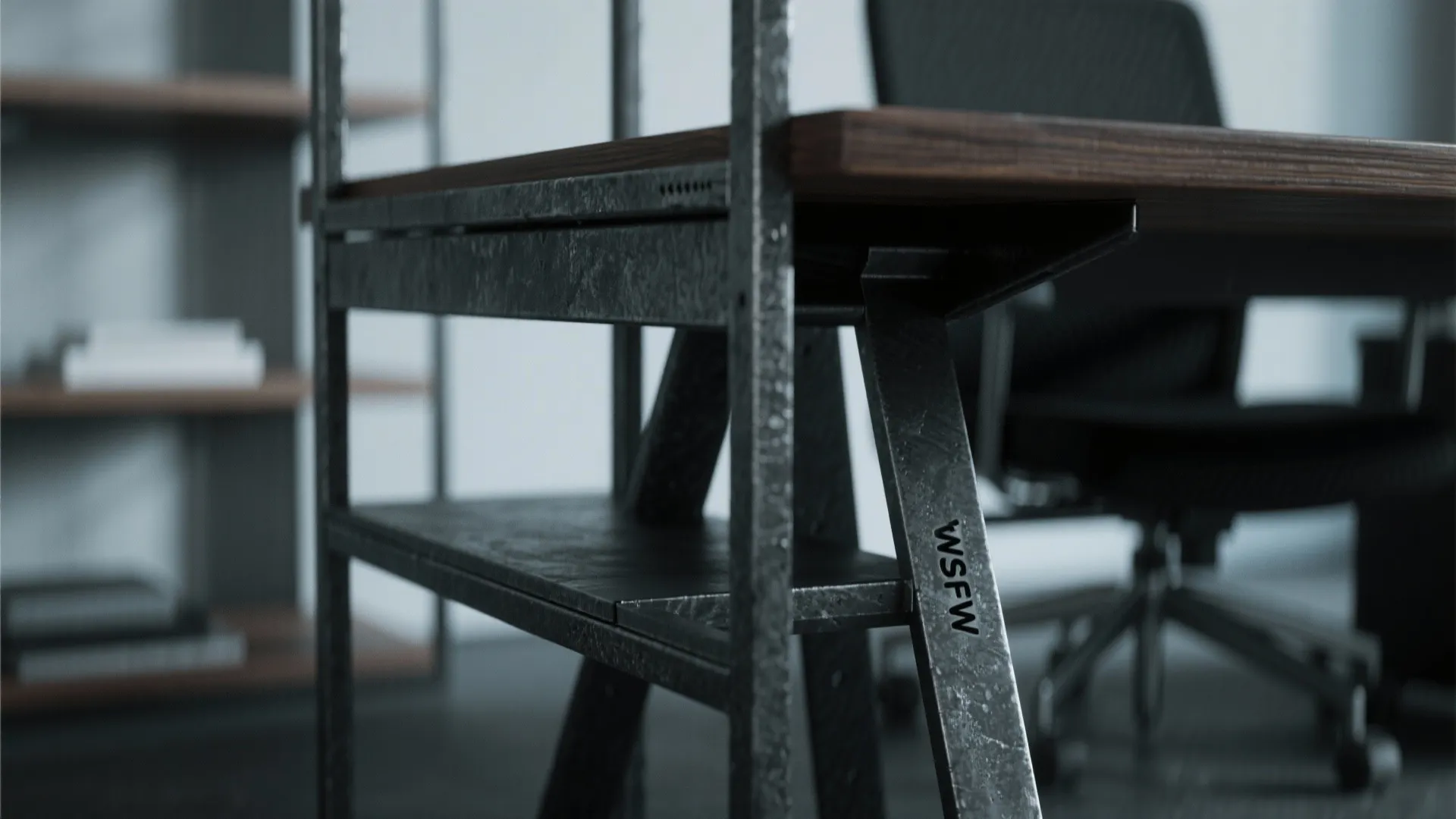 Close-up of an industrial desk with dark metal frame wooden top and black office chair