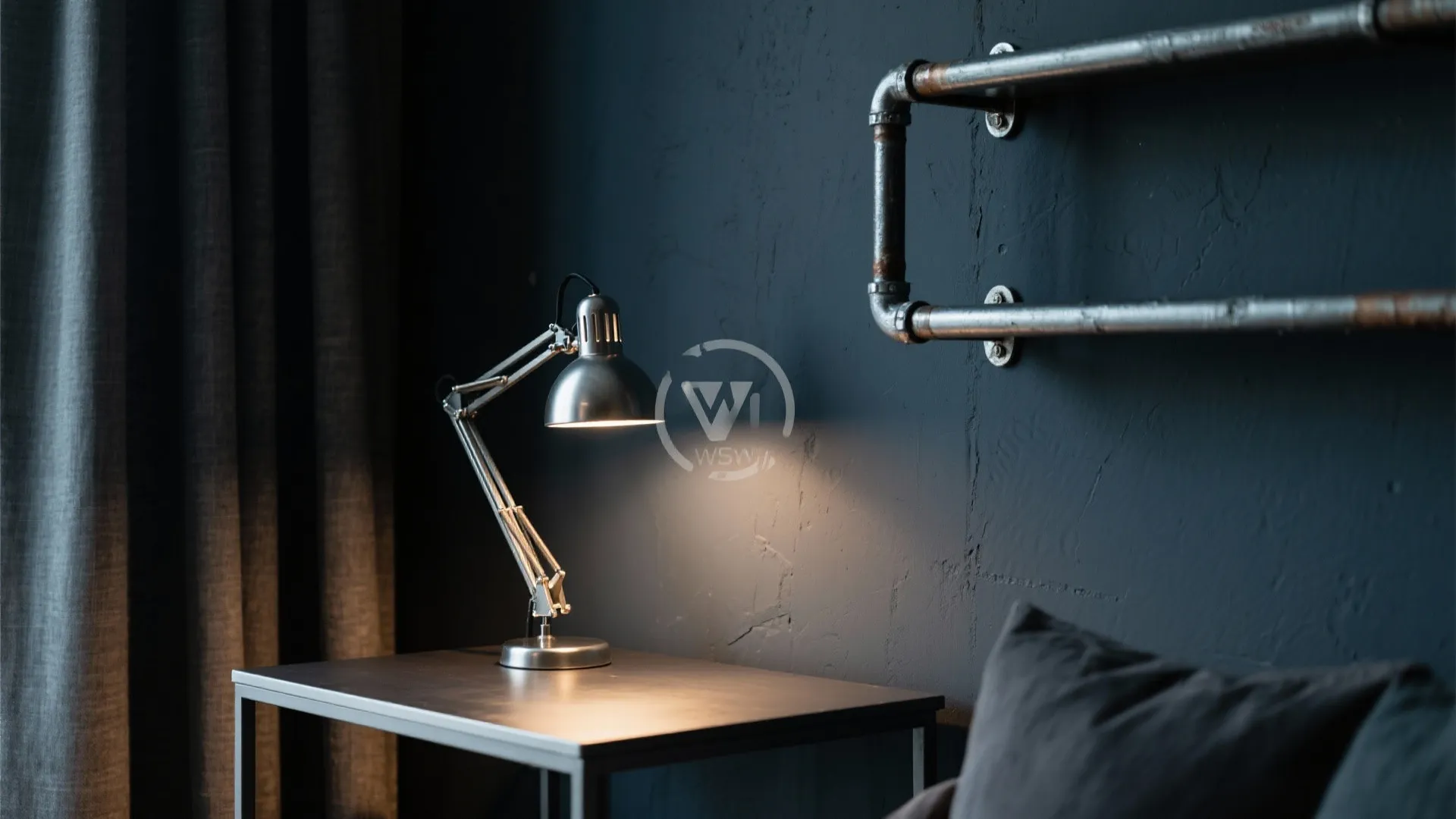 Industrial style study room featuring metal desk lamp on black table with wall pipe shelf
