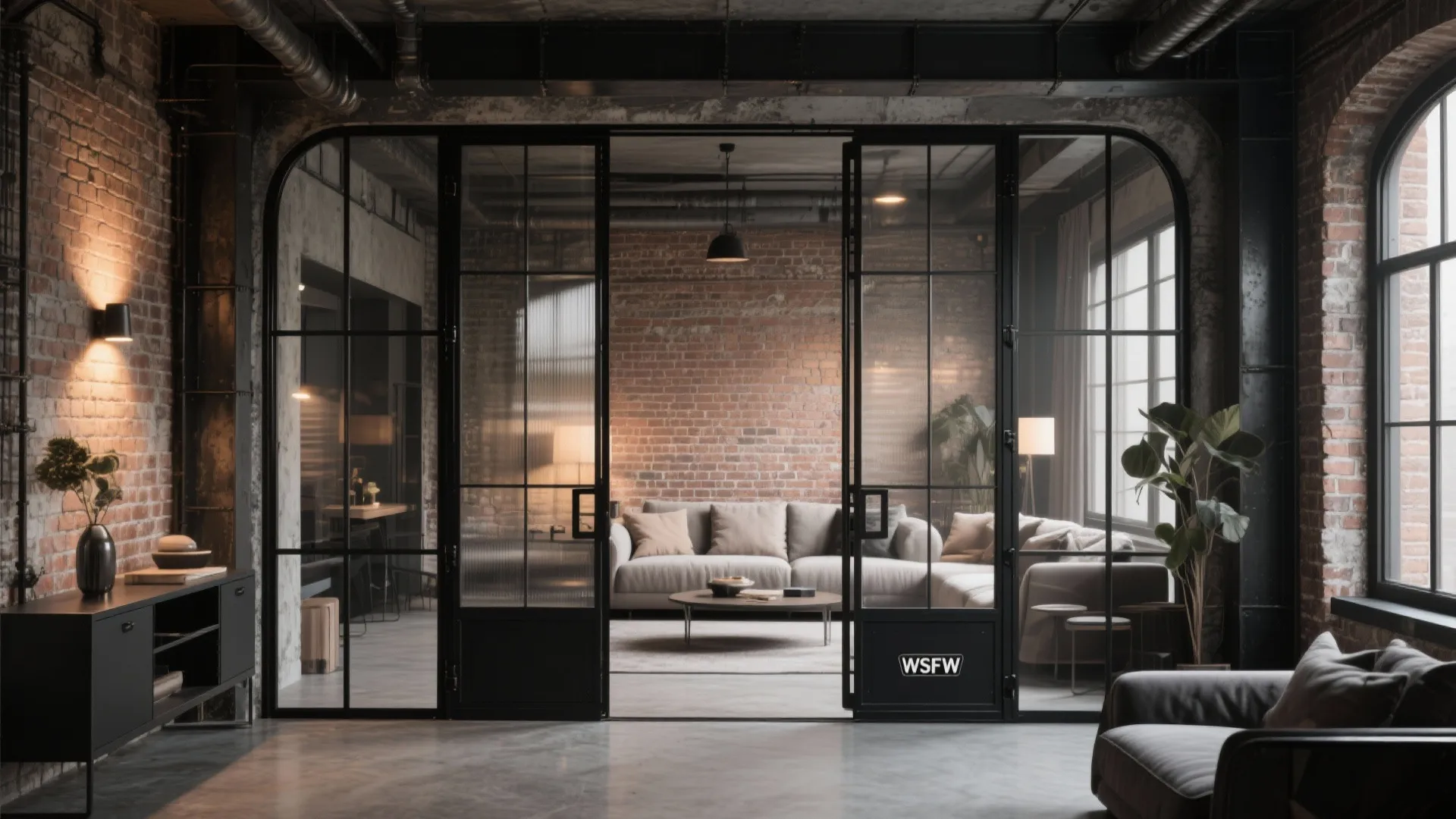 Industrial living room with brick walls and large black metal frame glass sliding doors and sofa