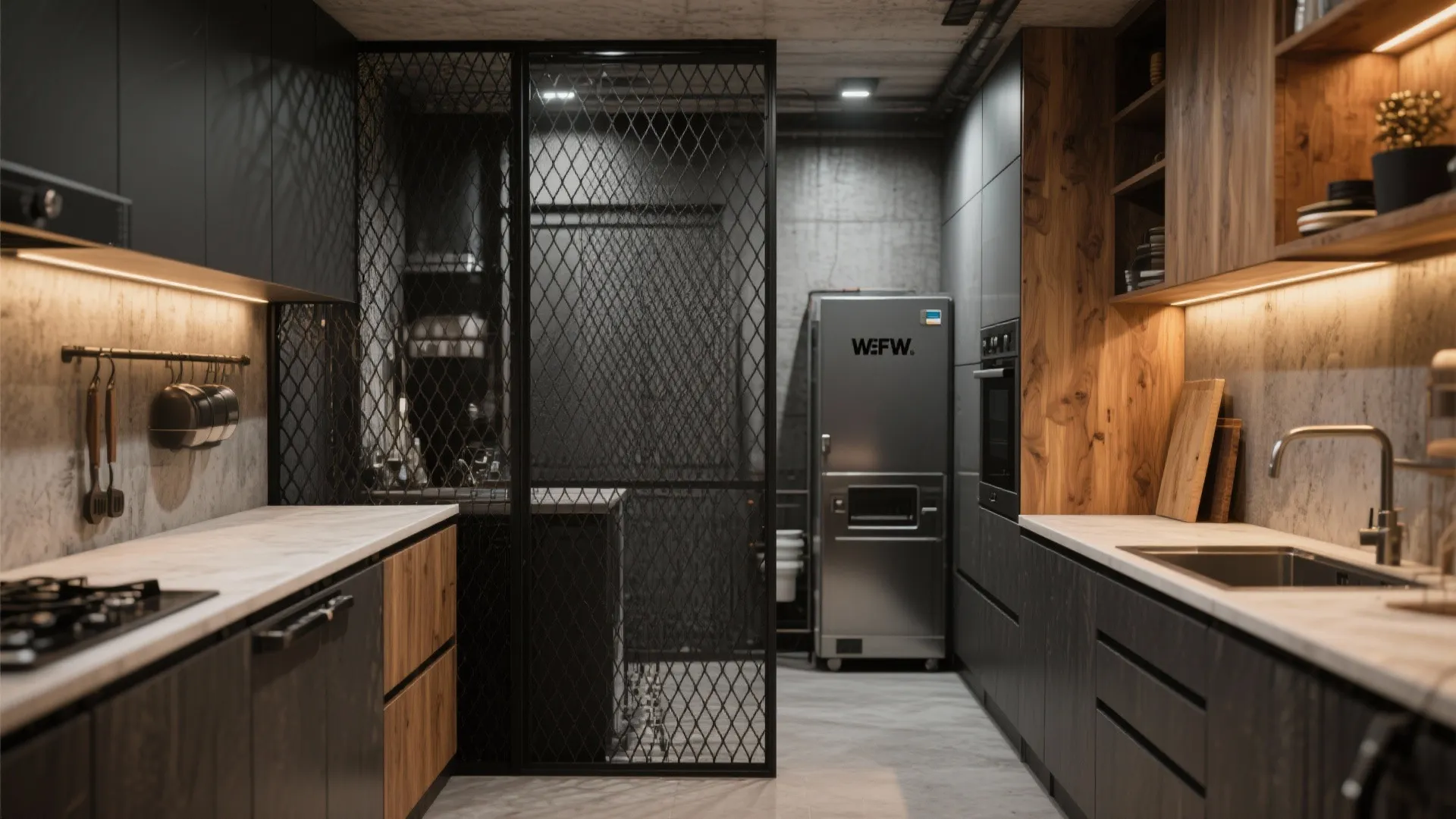 Industrial kitchen design with dark cabinets wooden accents metal mesh screen and modern black light fixtures