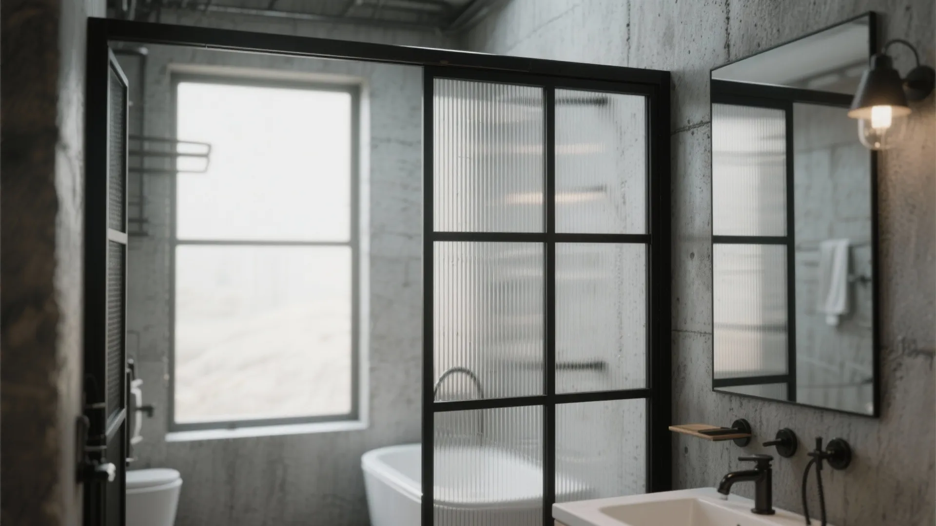 Industrial bathroom with concrete walls black metal glass door white bathtub and wall light fixture