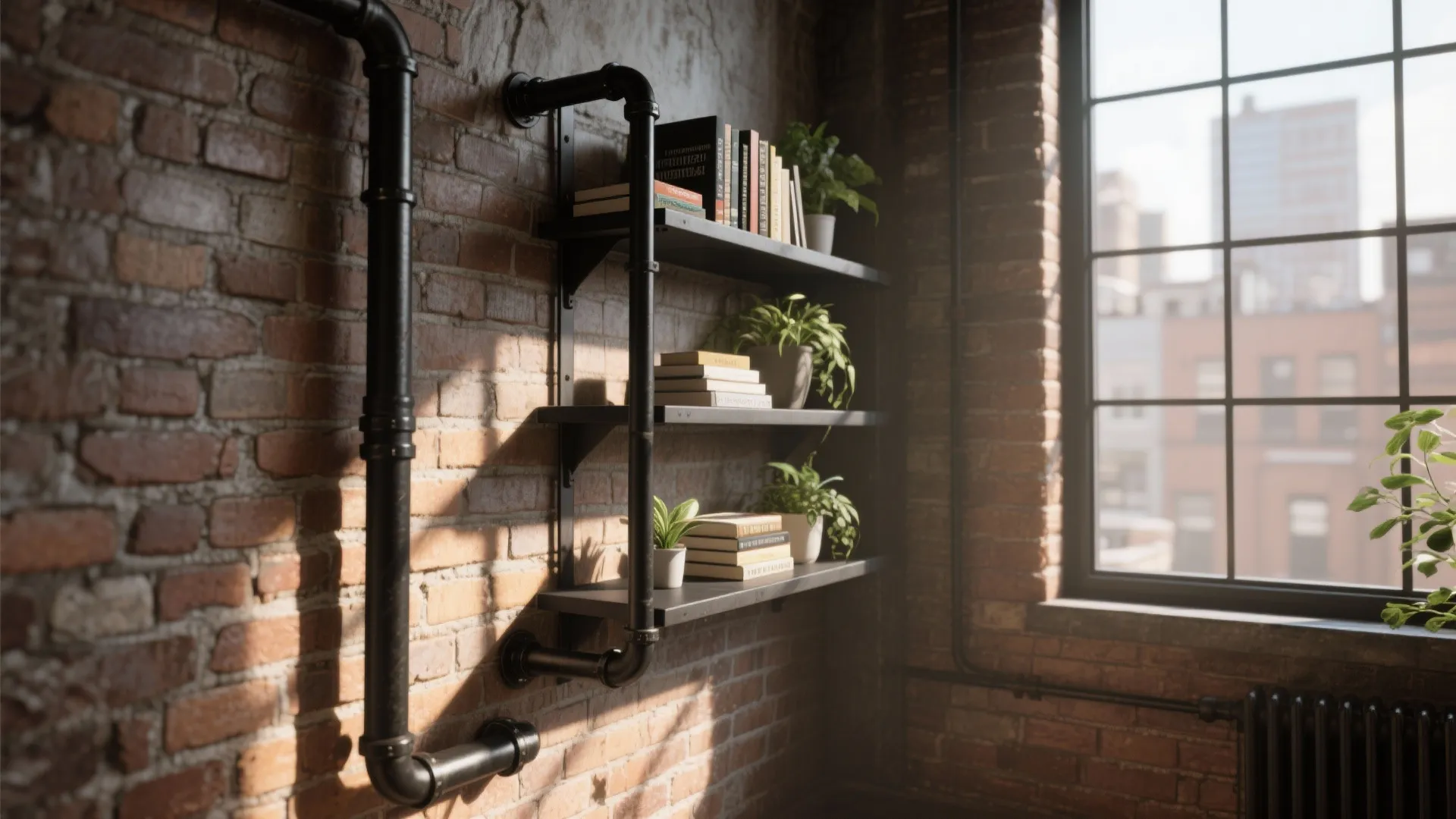 Industrial red brick wall with black pipe shelves holding books and small green potted plants