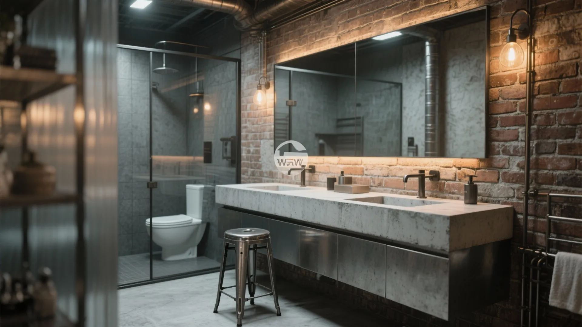Industrial bathroom with brick walls, double concrete sink, metal stool, large mirror and wall lights