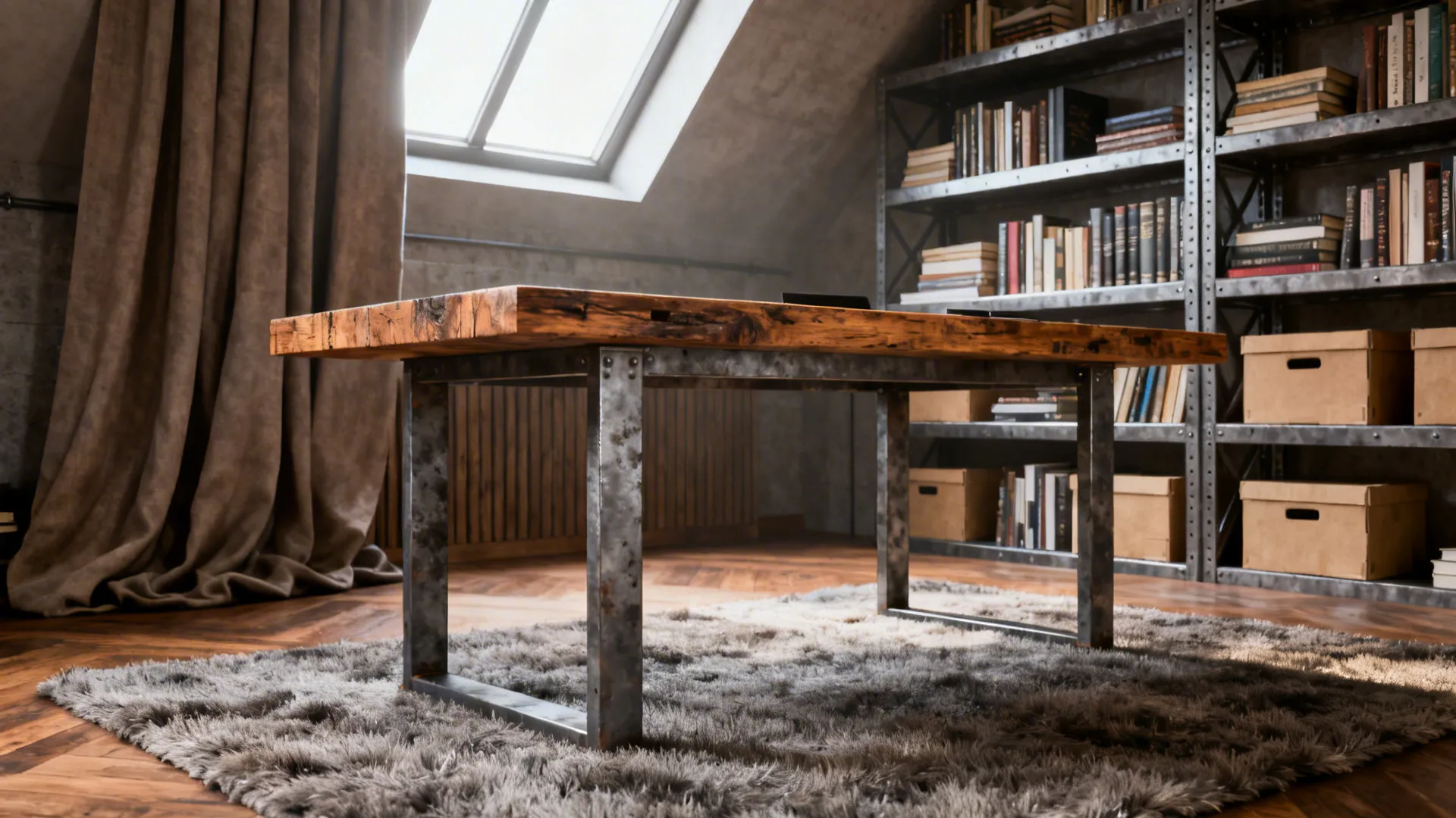 Industrial minimalist desk with reclaimed wood top, steel legs, exposed shelving and warm textiles.