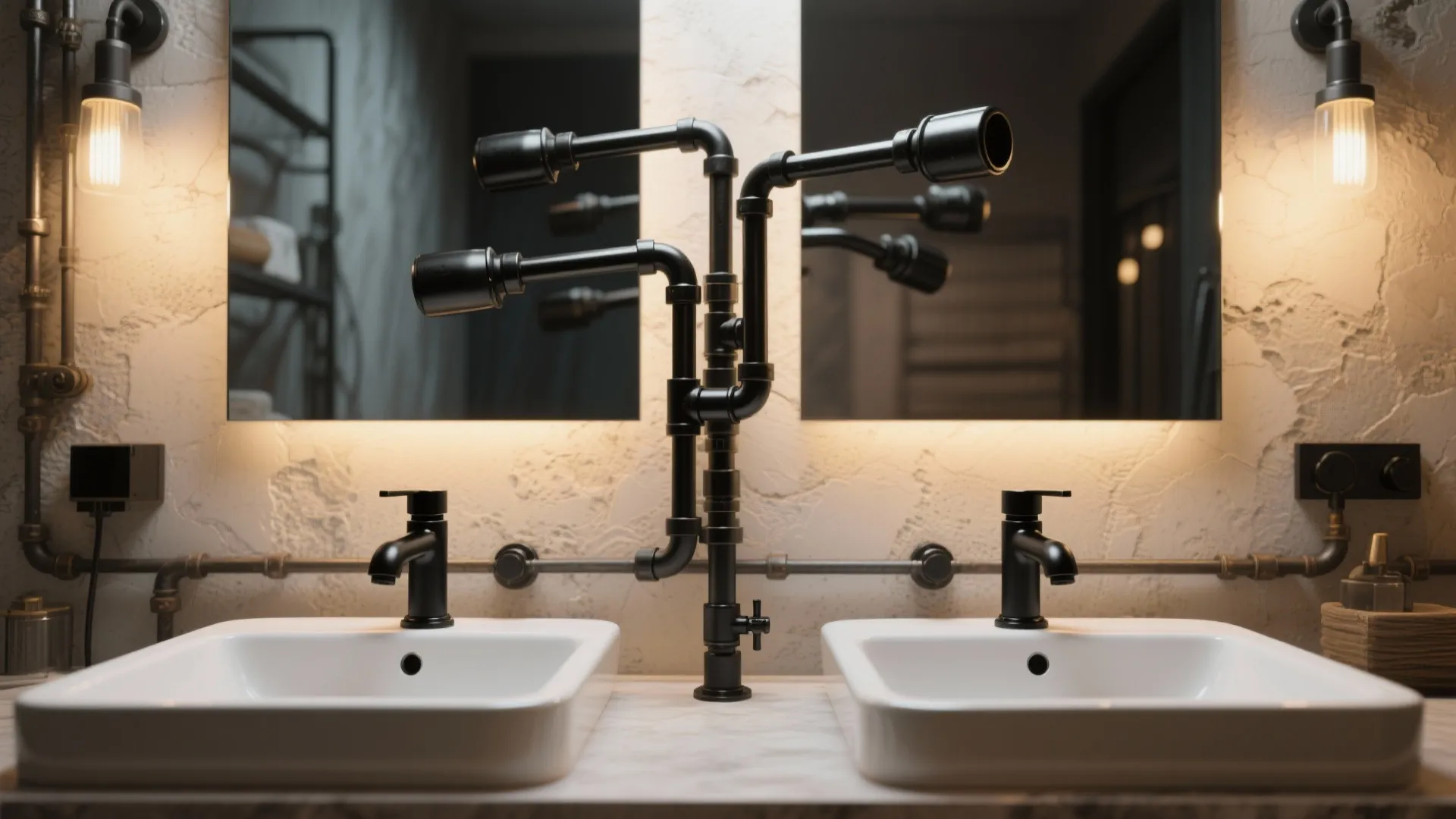 3. Industrial black multi-armed fixture for shared vanities