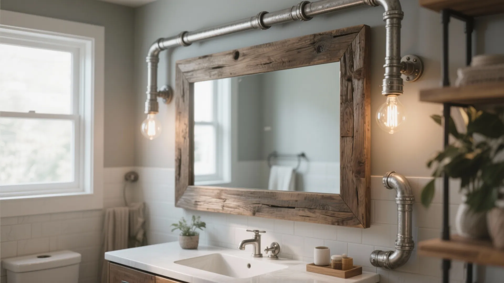 Industrial bathroom design with pipe light fixtures wooden mirror frame white tiles and small plant