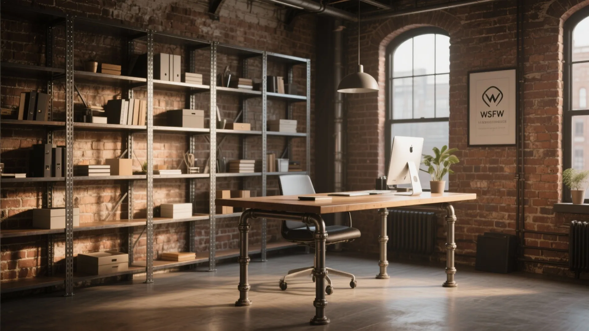 Industrial office with brick walls wooden desk metal shelf black chair and large arched windows