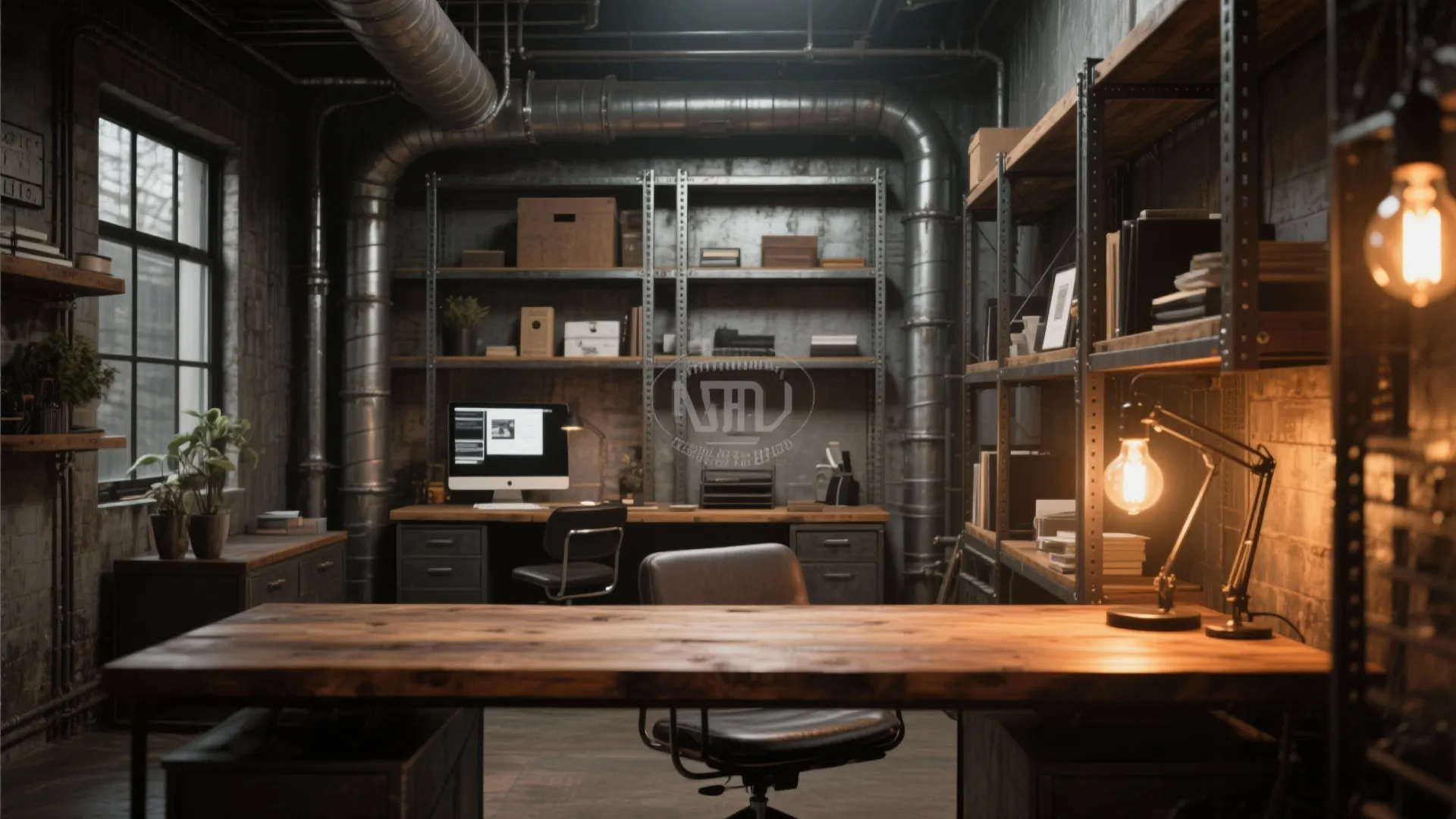 Industrial style home office with metal shelves and warm lighting