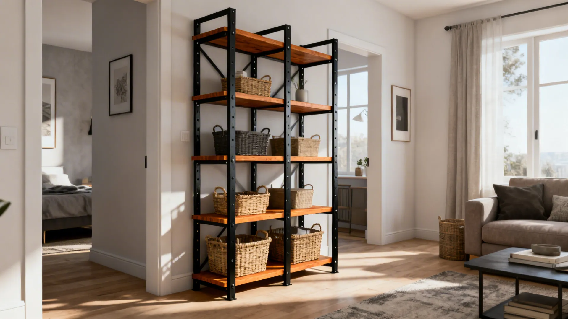 Industrial open metal rack with wood tiers and baskets in a compact living room.
