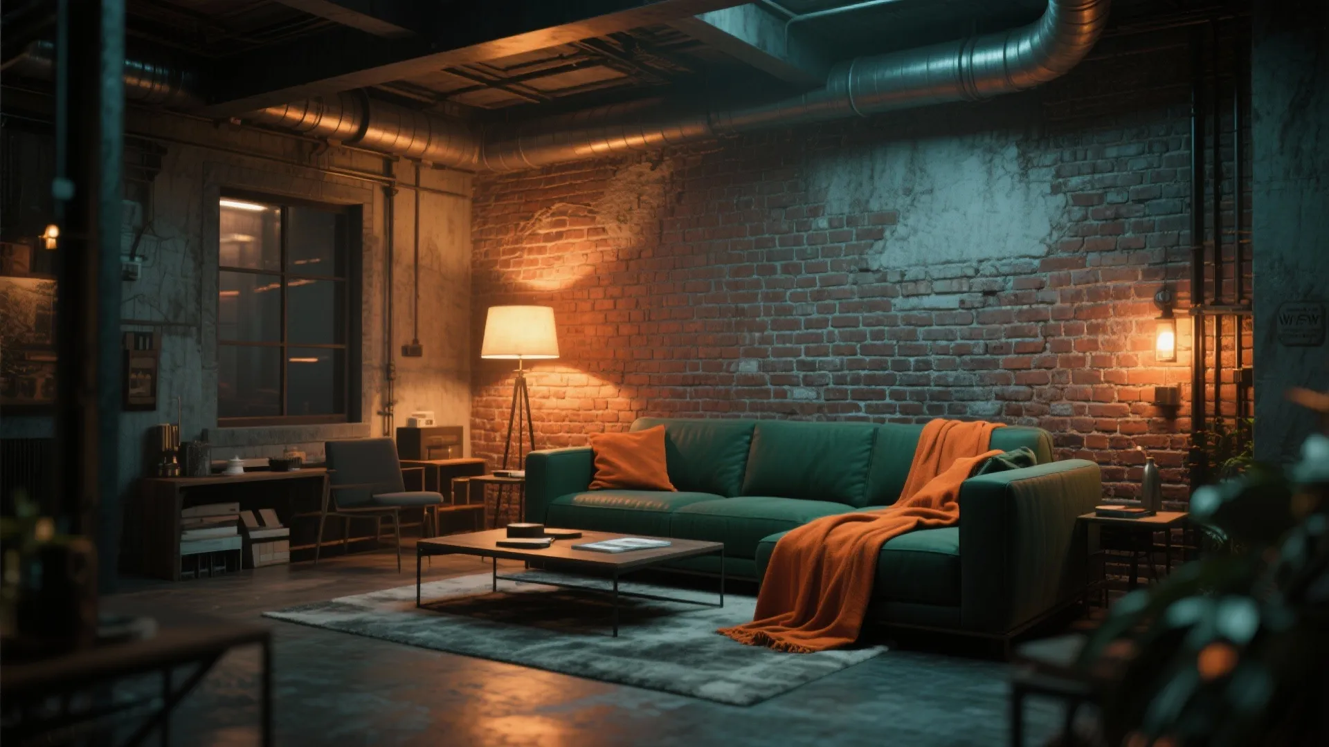 Industrial living room with a green sofa orange blanket brick wall and warm floor lamp