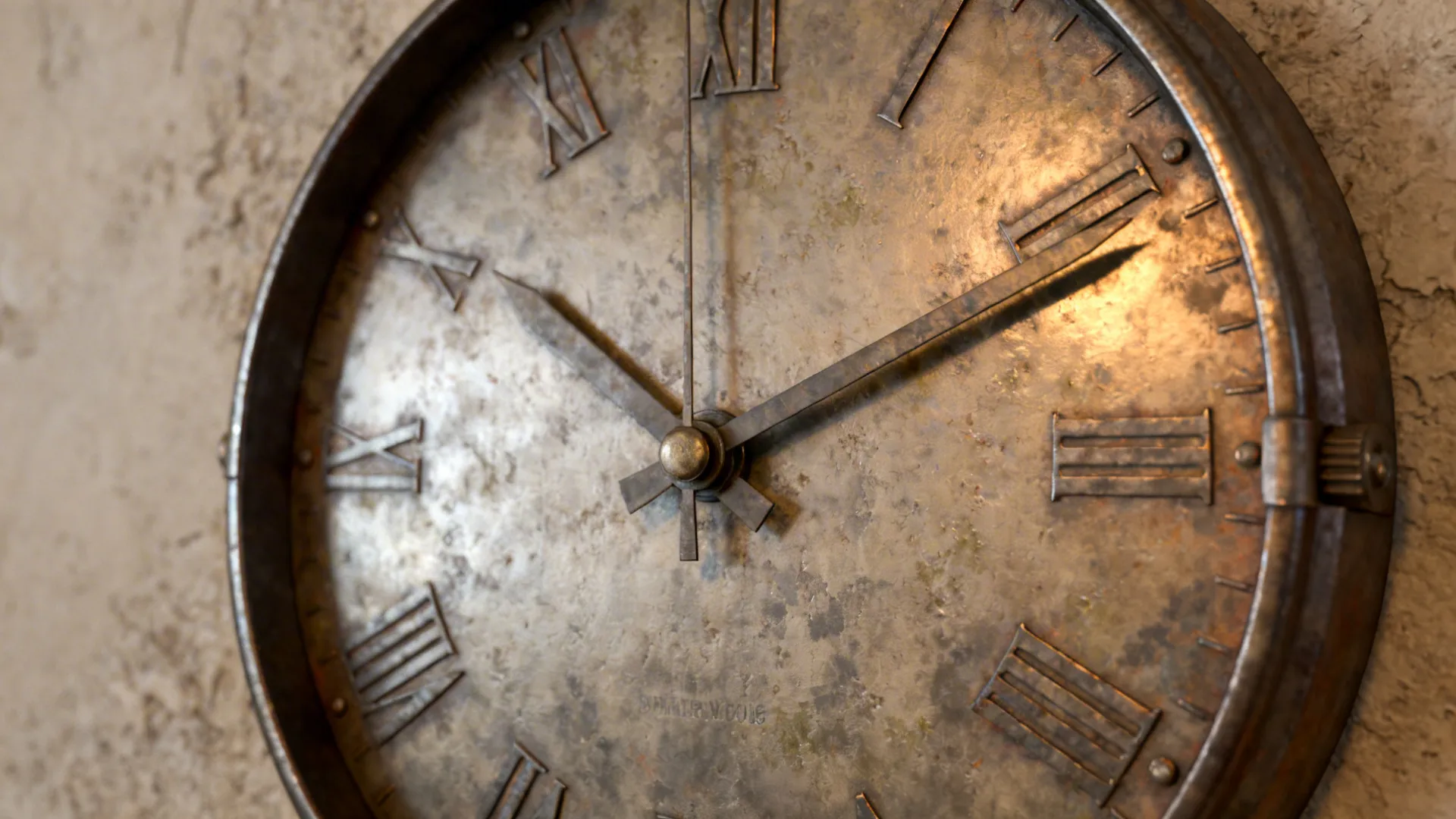 Close-up of an industrial metal wall clock with worn patina and subtle reflections
