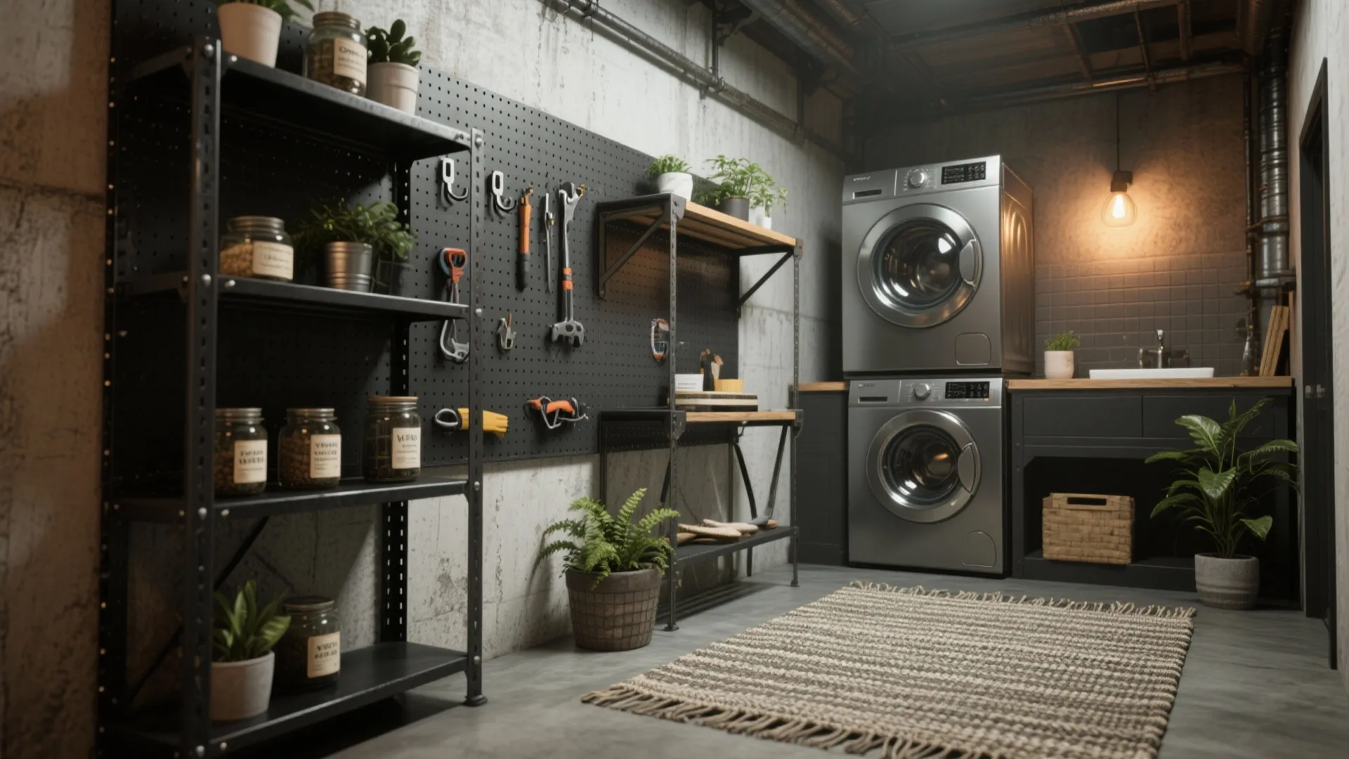 3. Industrial Shelving with Pegboards