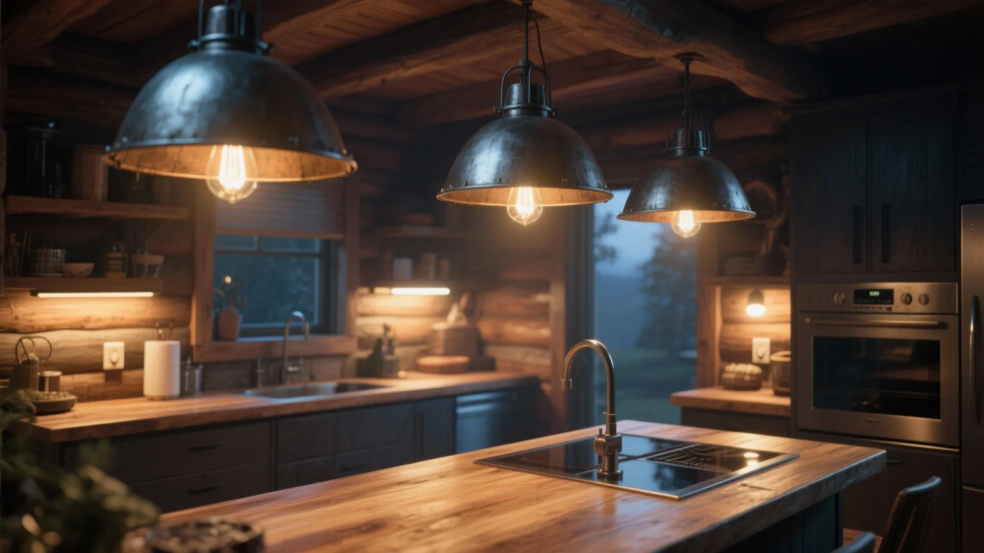 Rustic wooden kitchen with three industrial black ceiling light fixtures hanging over a large island