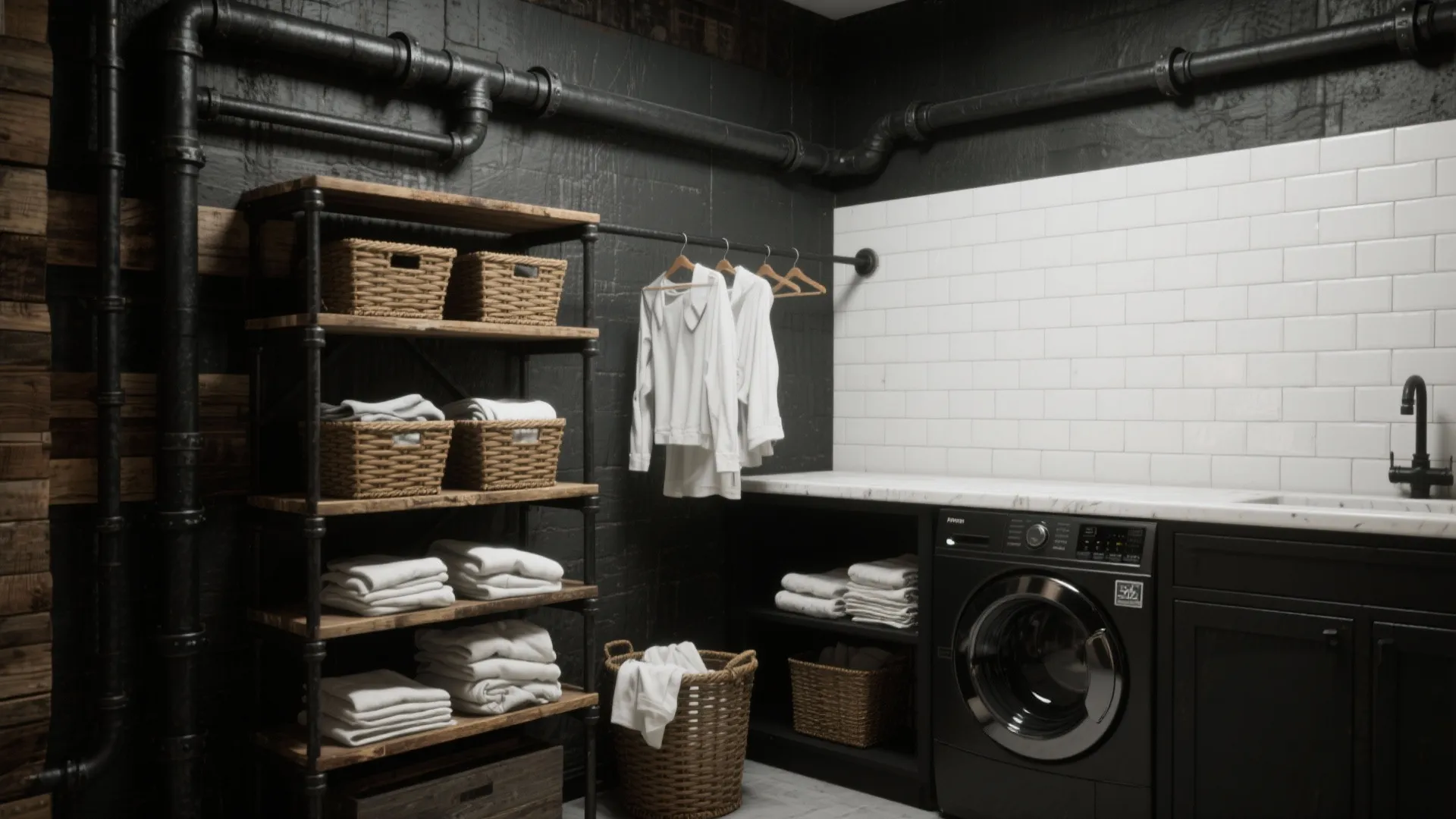 Industrial laundry room with black walls exposed pipes wooden shelves and a black washing machine