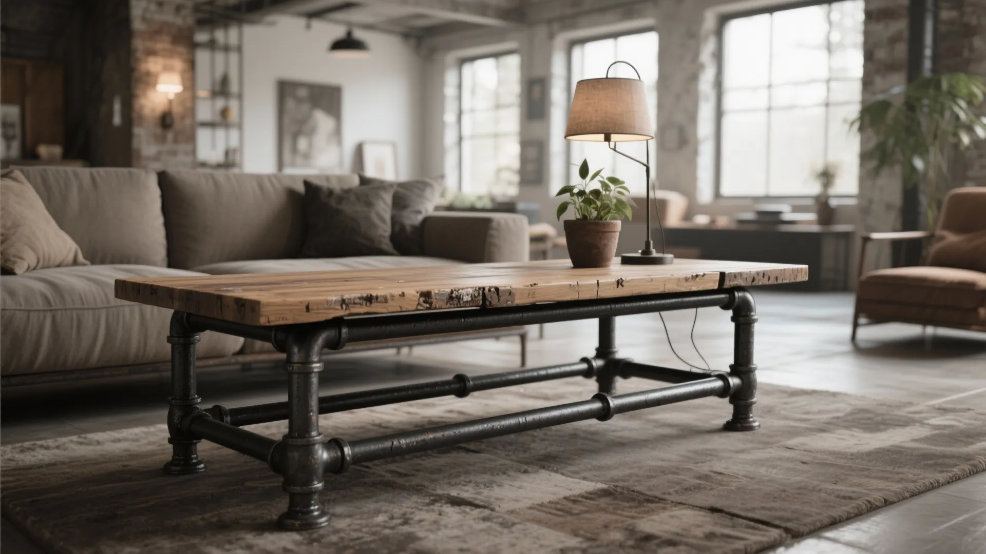5. Industrial pipe frame with reclaimed wood top