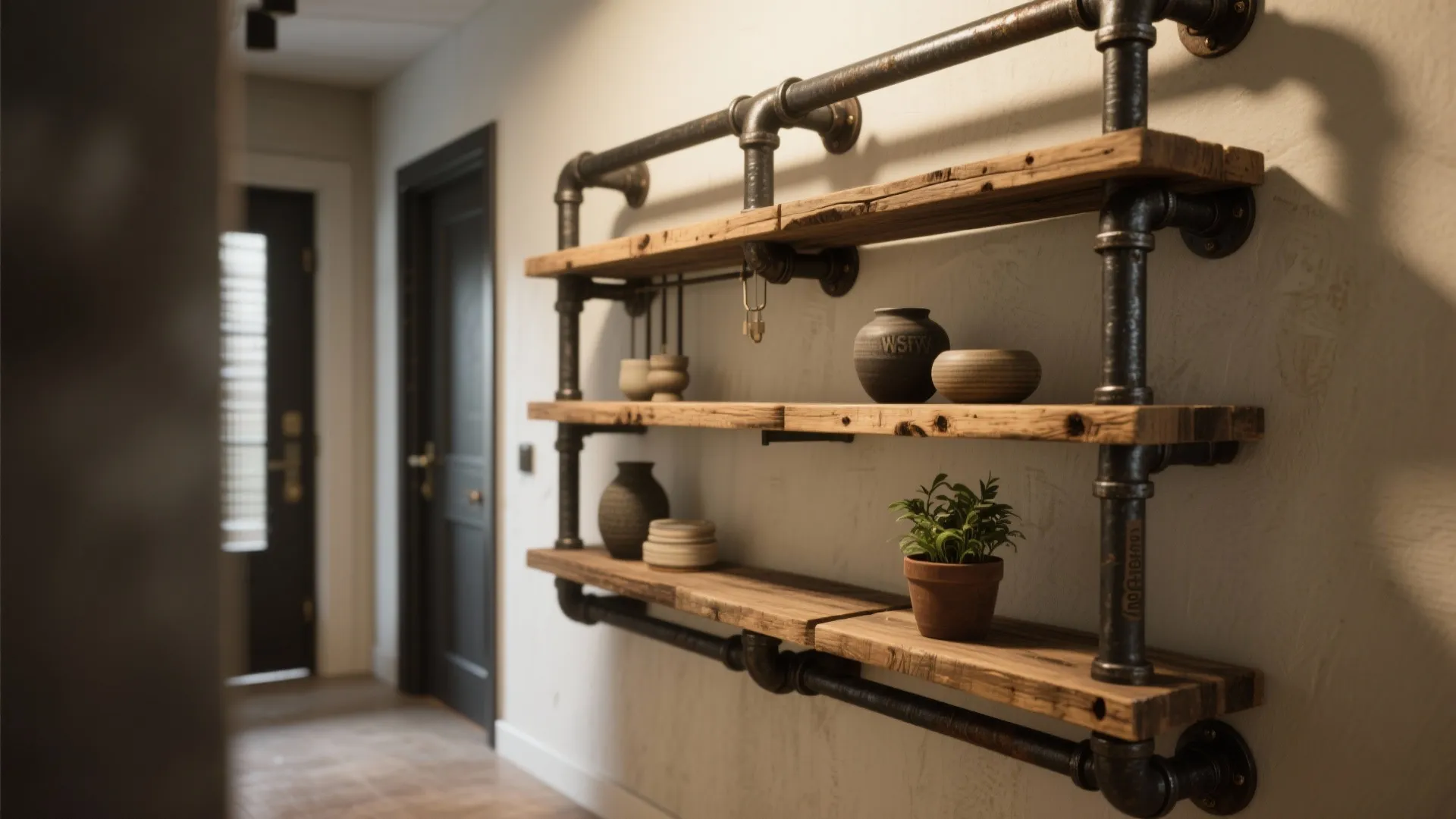 Industrial wall shelves made of metal pipes and wooden boards holding various pots and small plants