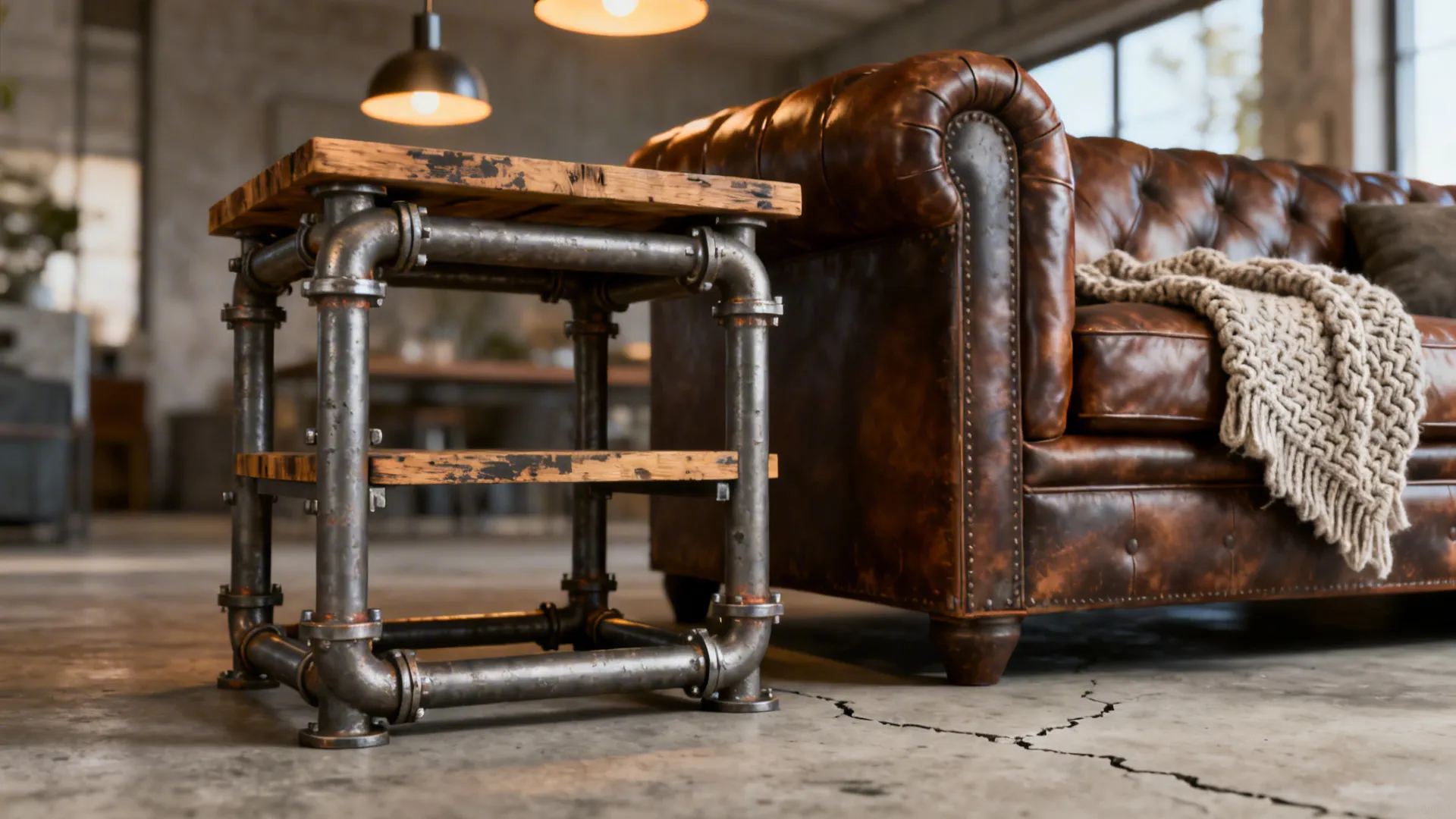 Industrial pipe-style metal end table with reclaimed wood shelf beside a leather sofa in a loft.