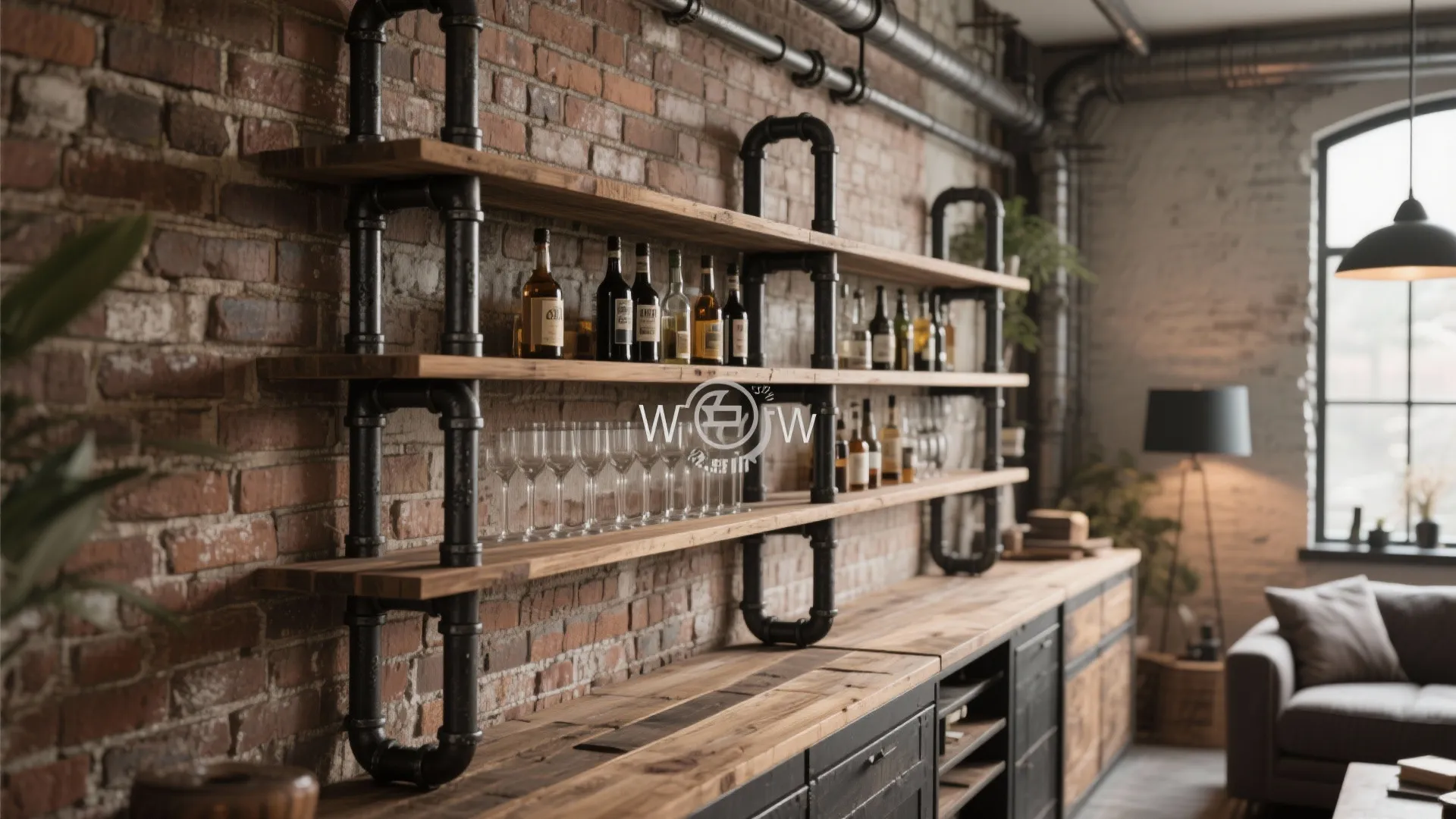 Industrial pipe shelving bar with reclaimed wood in loft