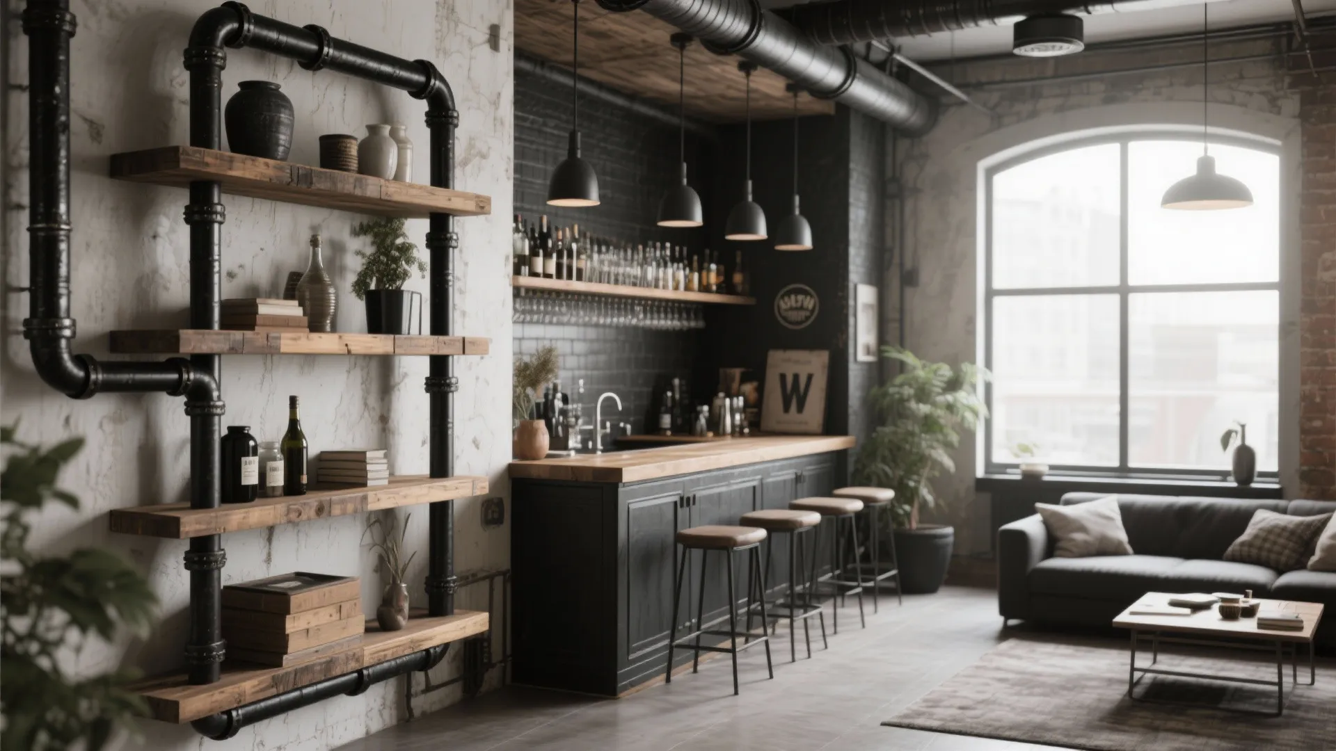 Industrial style bar shelving with black pipes and wood