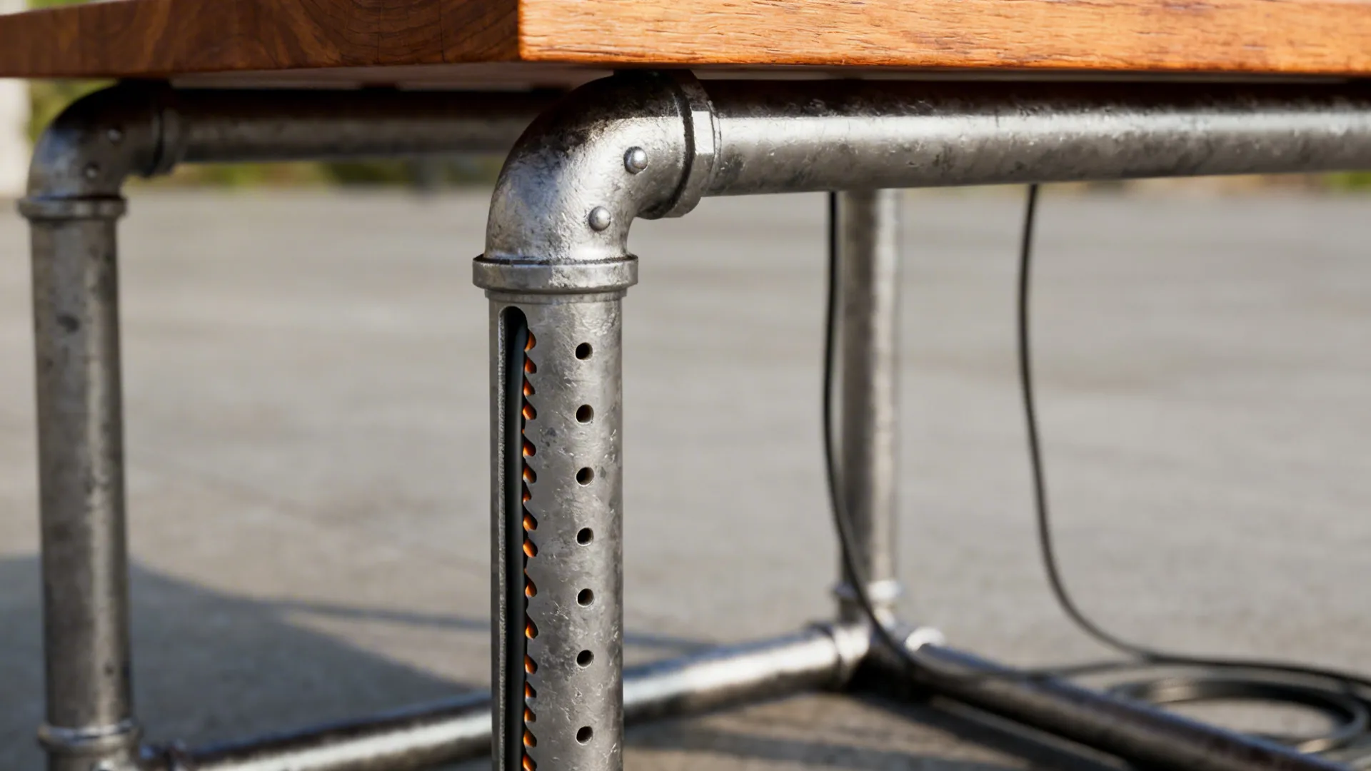 Industrial pipe-leg end table with a concealed cable channel routed down the leg