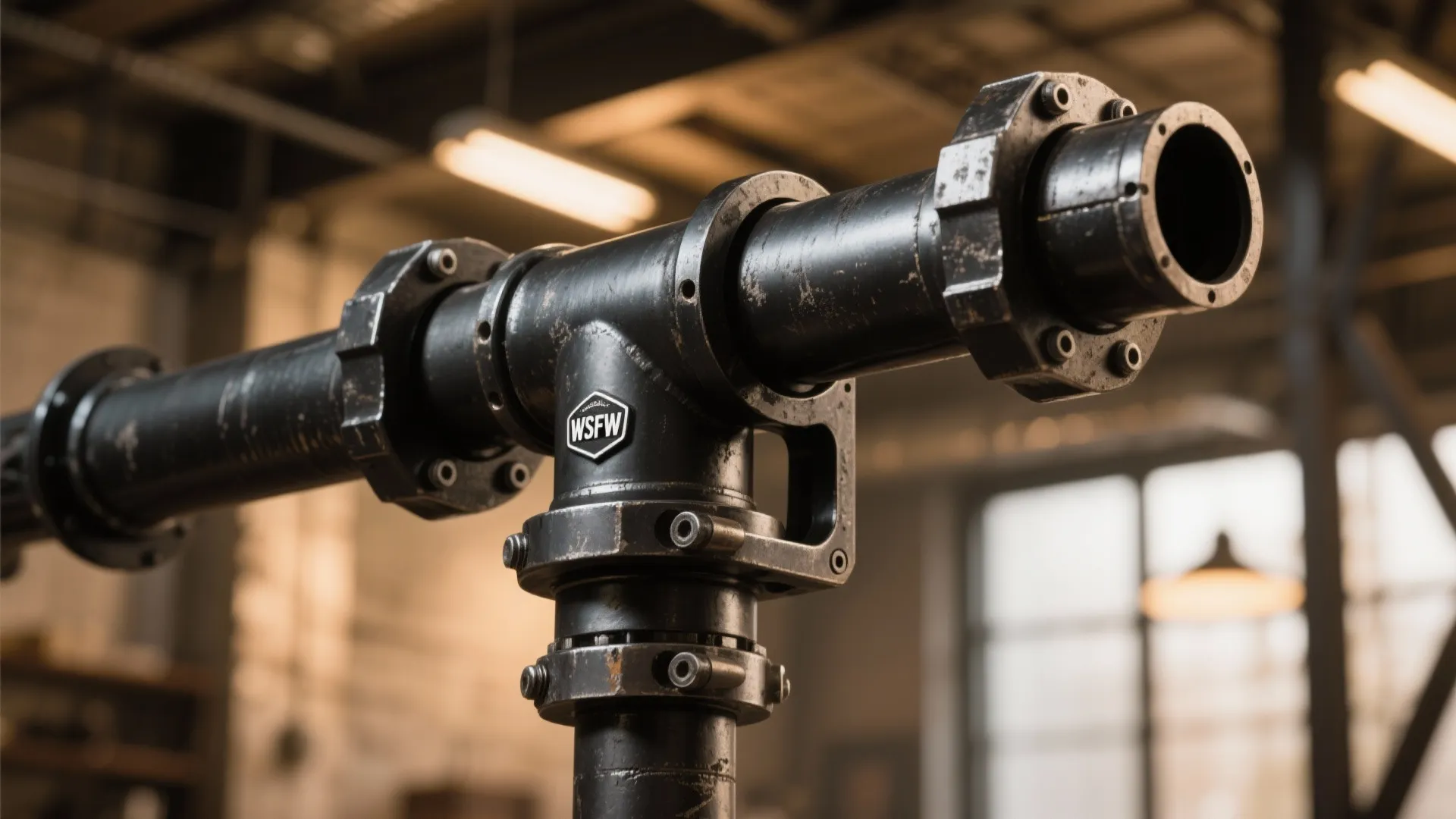 Close up of a black industrial metal pipe fixture used for garage or workshop storage