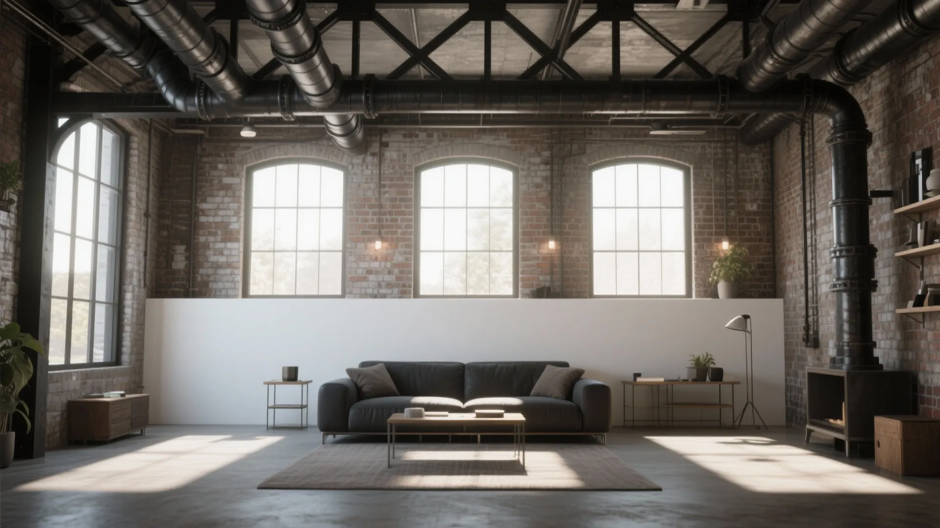 Industrial living room with brick walls, black sofa, ceiling pipes, and three large arched windows