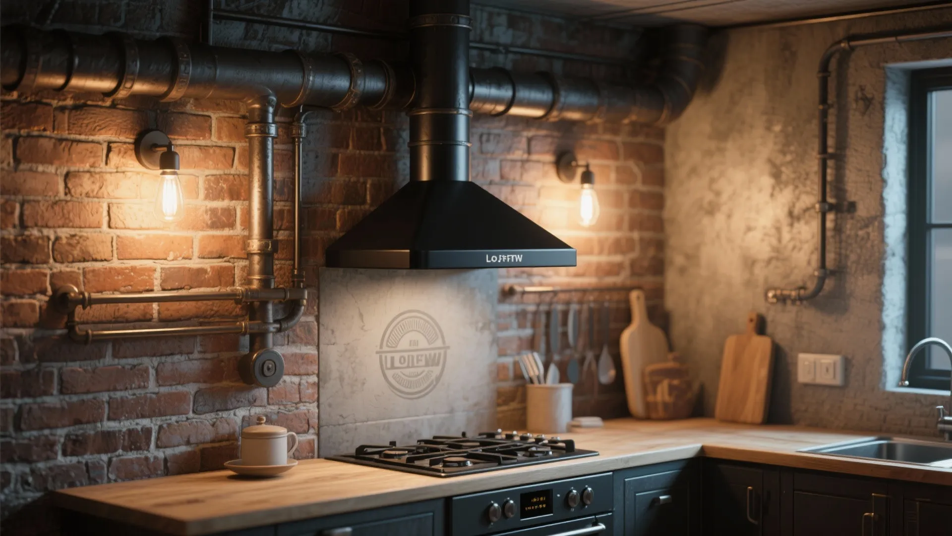 Industrial kitchen design featuring brick walls black vent hood gas stove wooden countertop and pipes