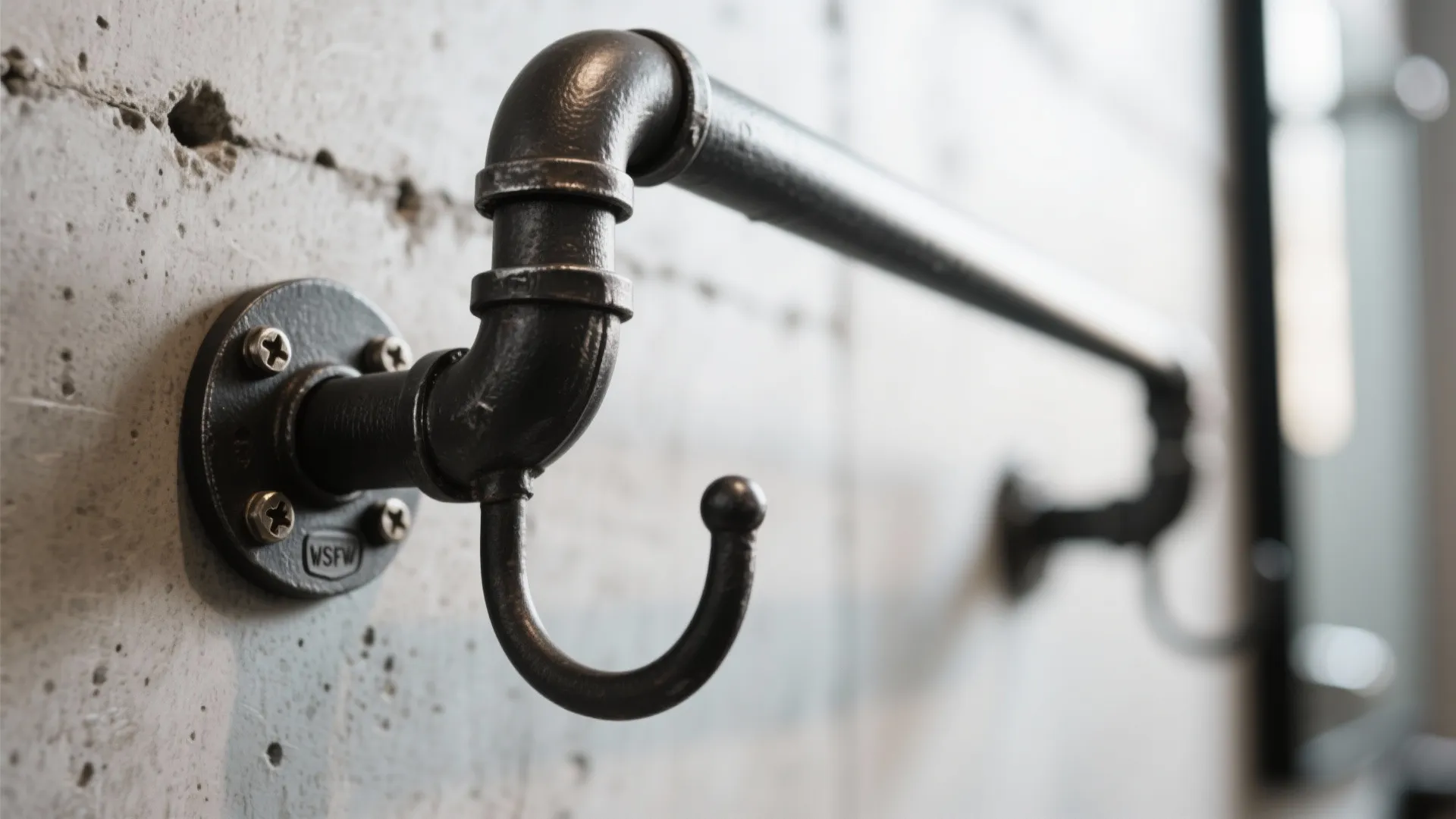 Industrial black steel pipe-style towel hooks mounted on concrete wall