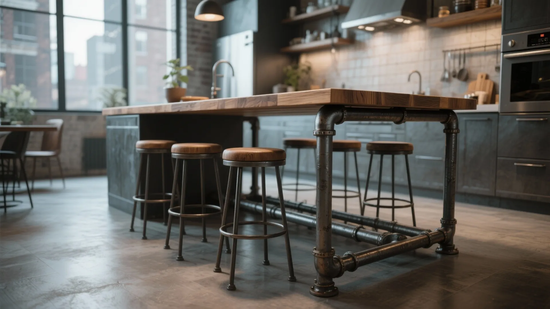 Industrial kitchen island with wood top and pipe legs and matching stools in a modern