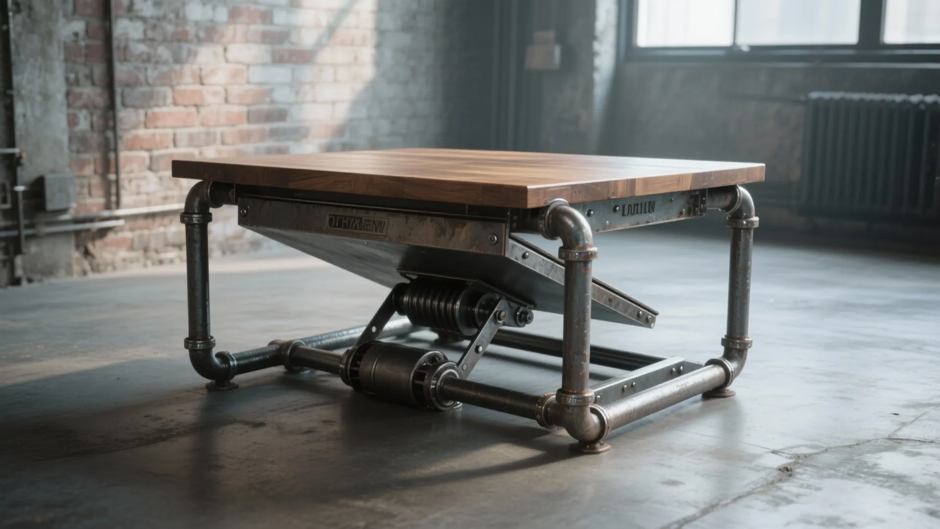 Industrial coffee table with wood top and metal pipes featuring an internal mechanical lift system