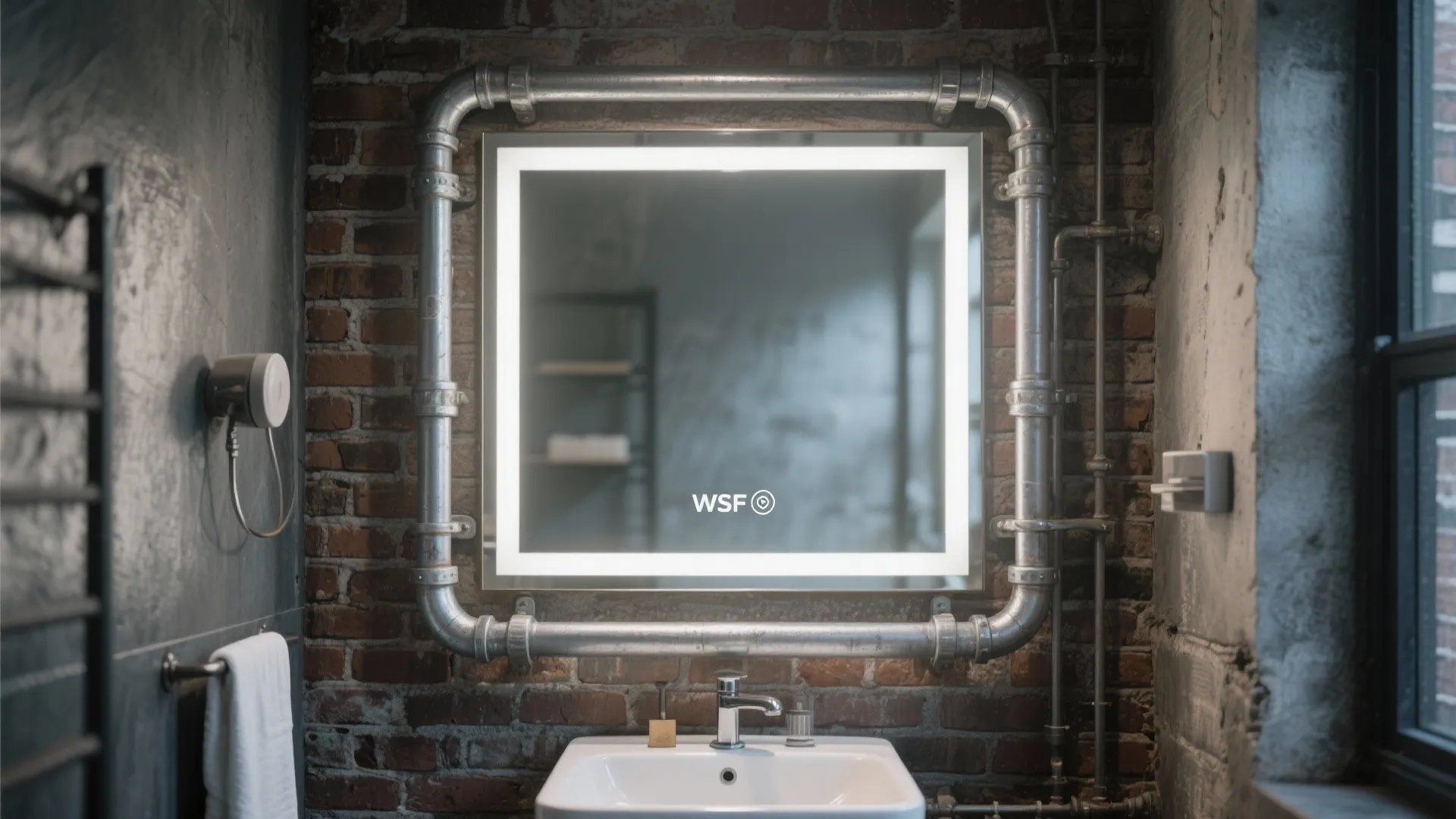Industrial style bathroom mirror with metal pipe frame on brick wall above white ceramic sink