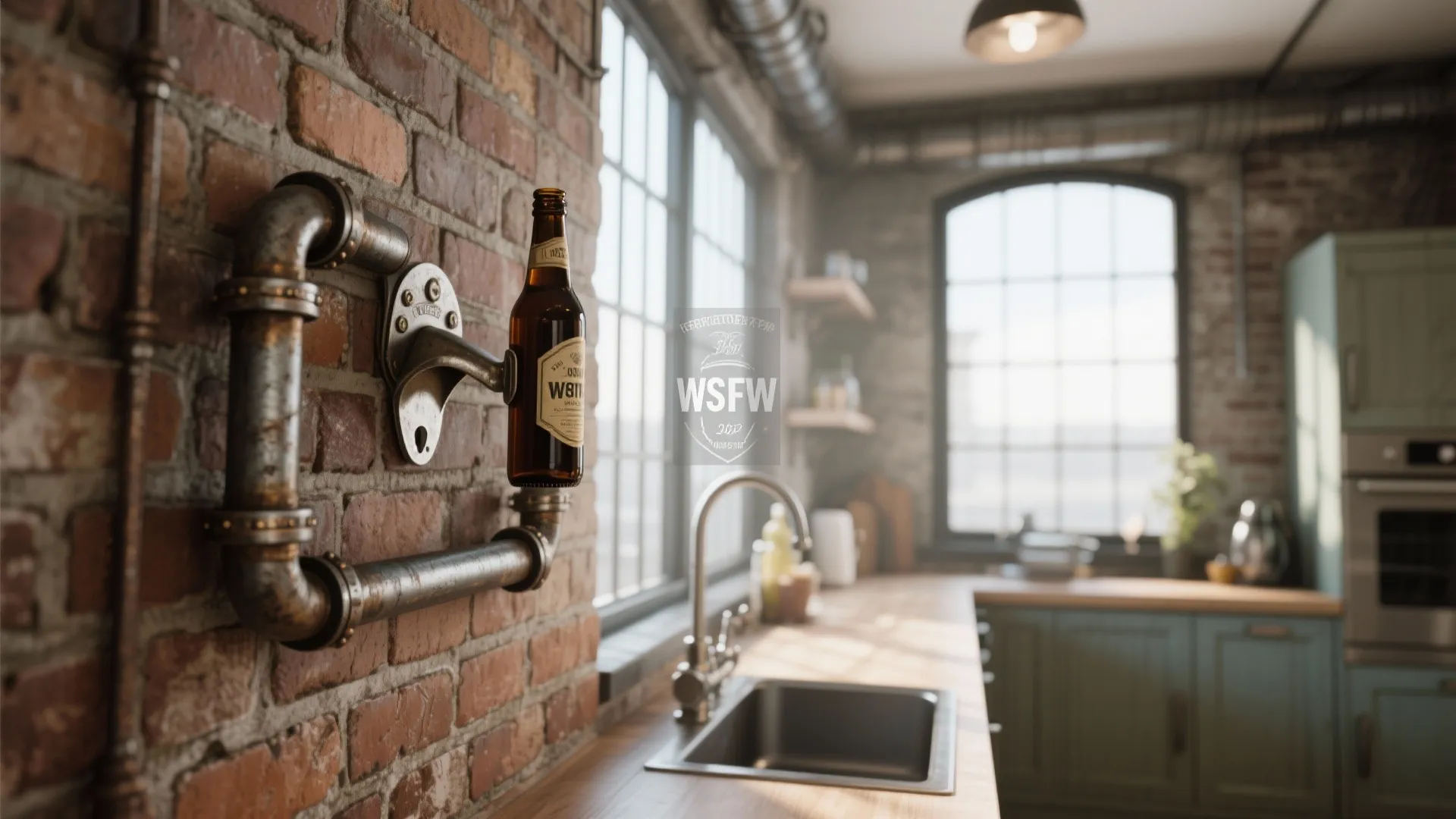 Industrial style bottle opener mounted on metal pipe in loft kitchen
