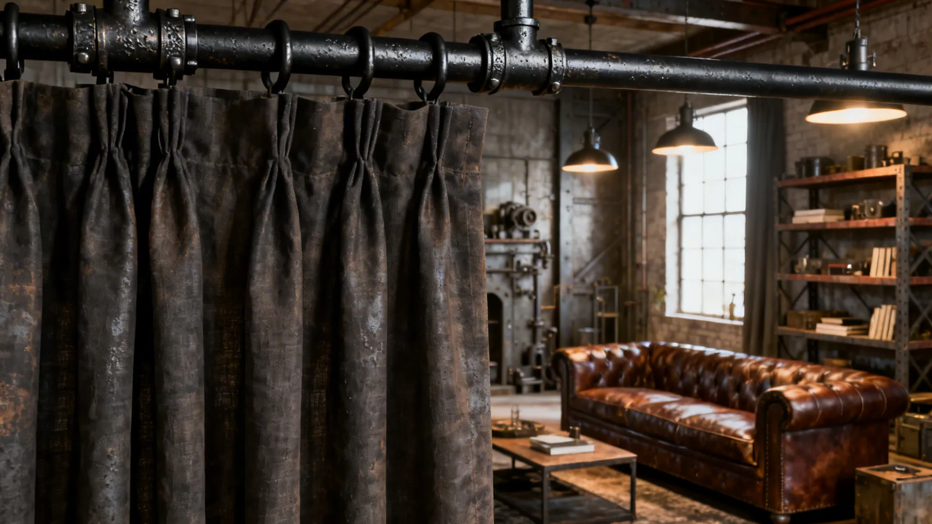 Loft living room with a black iron pipe curtain rod paired with heavy drapery and leather furnishings.