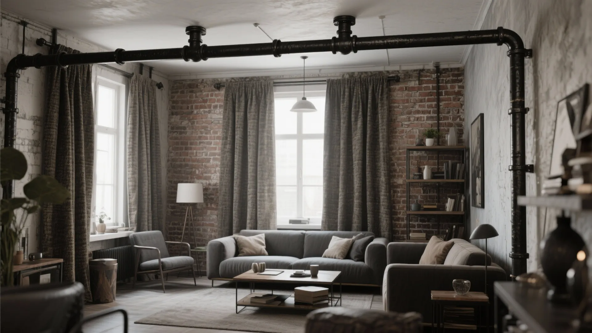 Urban loft living room with industrial pipe curtain rods