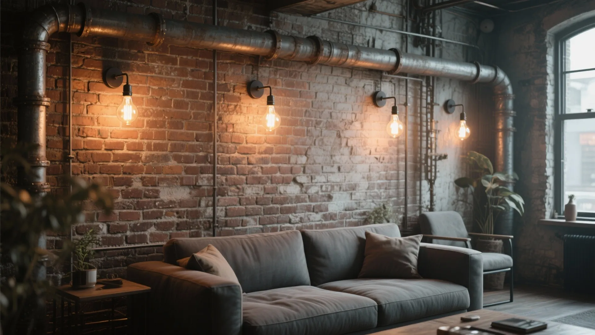 Industrial pipe sconces with Edison bulbs on brick wall