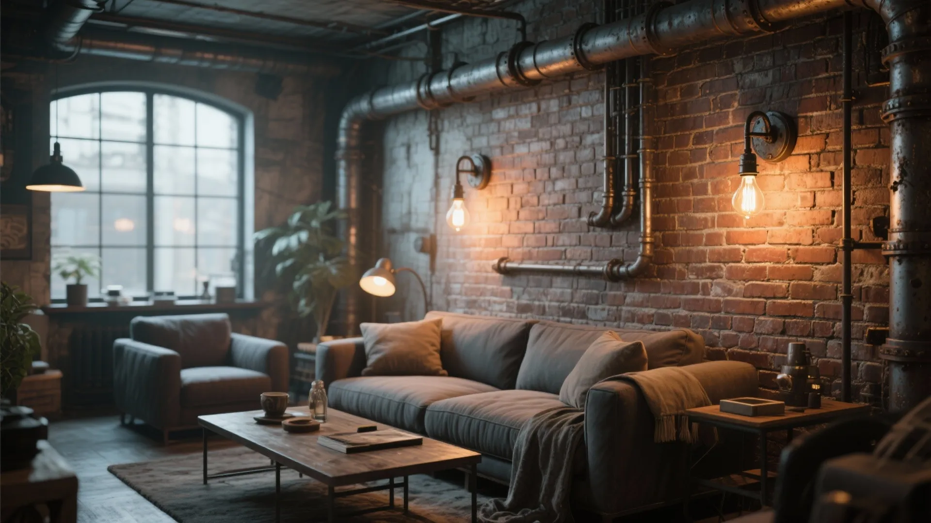 Industrial pipe sconces on exposed brick wall