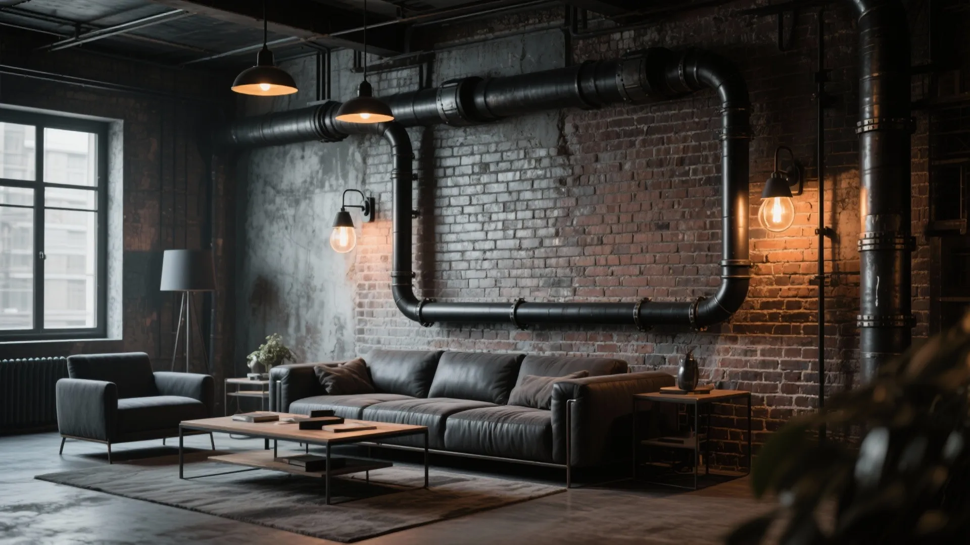 Industrial living room featuring brick wall black leather sofa coffee table and metal pipe lights