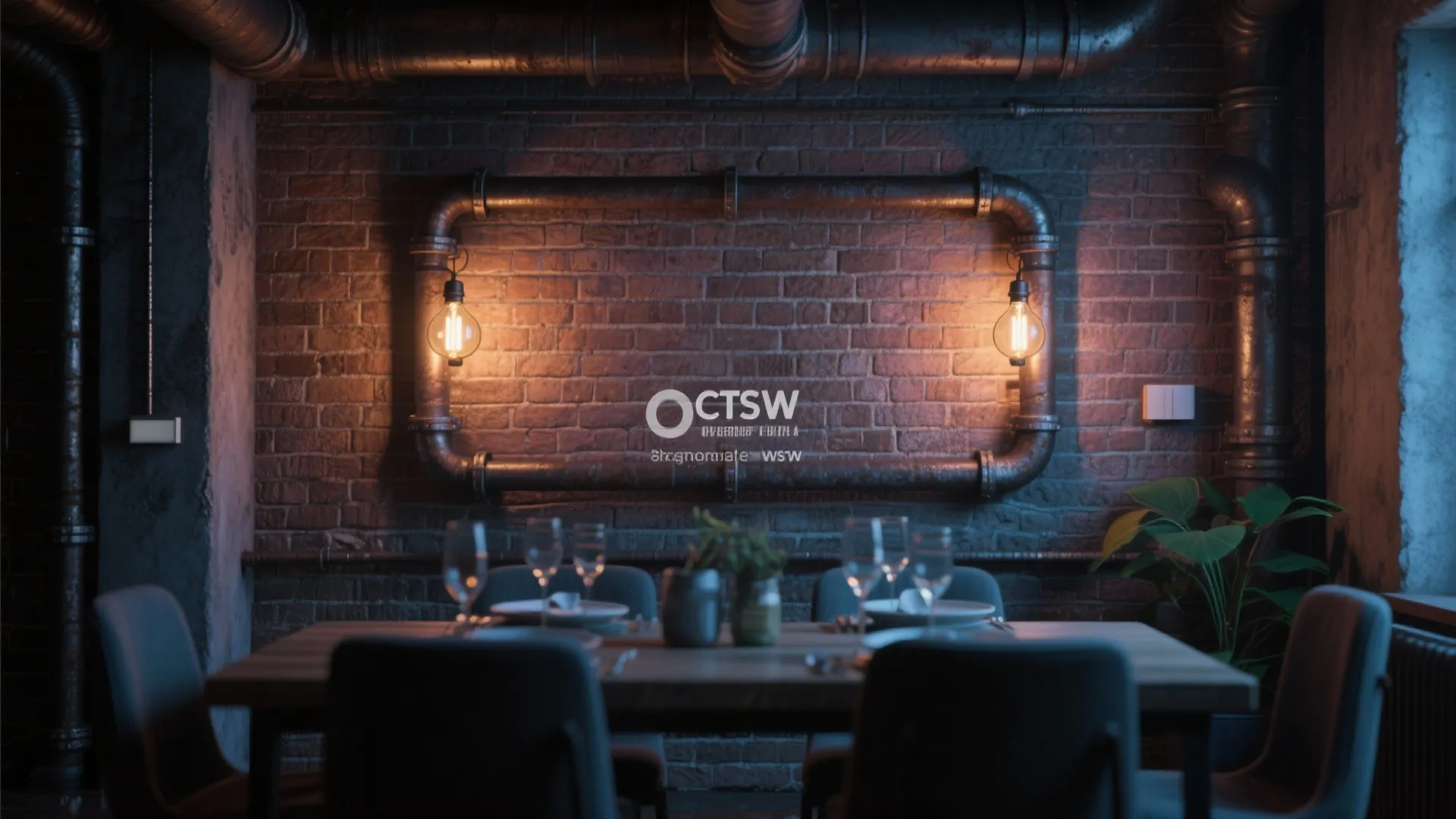 Industrial pipe wall sconces with Edison bulbs in loft dining room