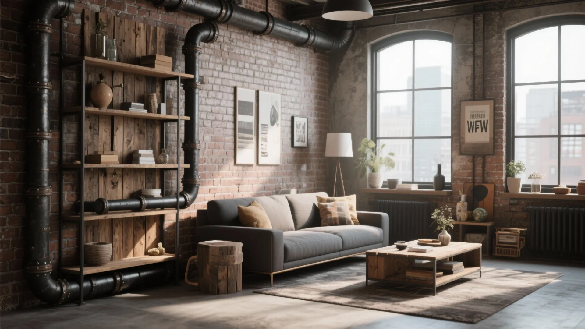 Industrial style pipe shelving with reclaimed wood in a loft