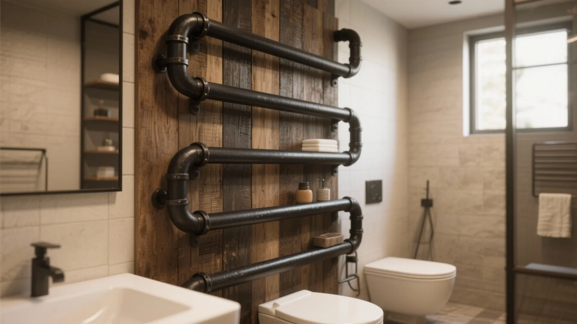 Industrial style bathroom with black pipe wall shelves on wood panel near a white toilet