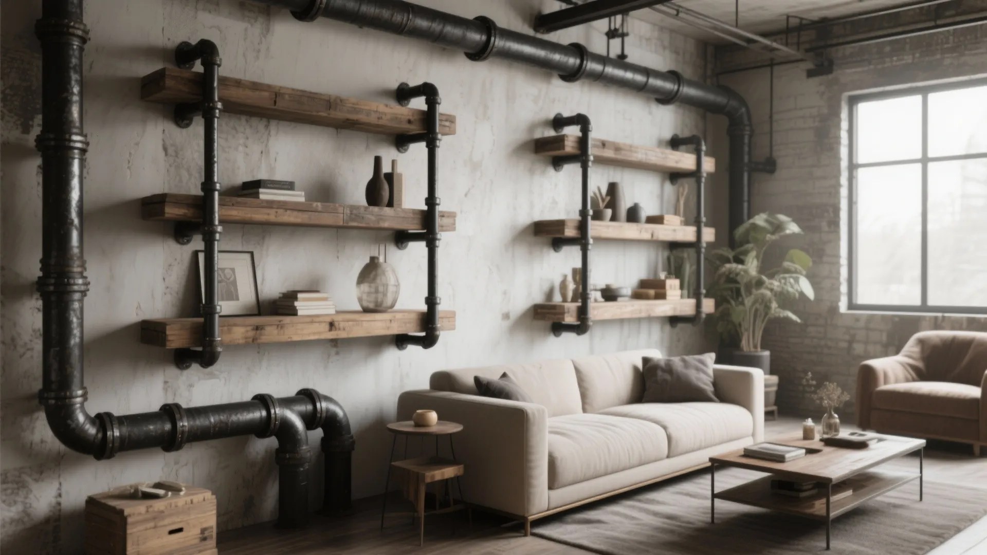 Industrial-style shelves made from wood and black metal pipes