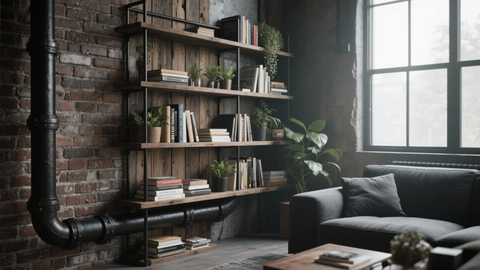 Industrial pipe corner shelving with rustic wooden boards in an urban loft