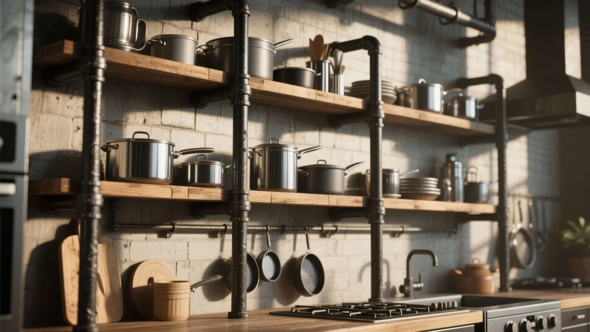 Kitchen wall with industrial metal pipe shelves holding silver pots over a modern black stove