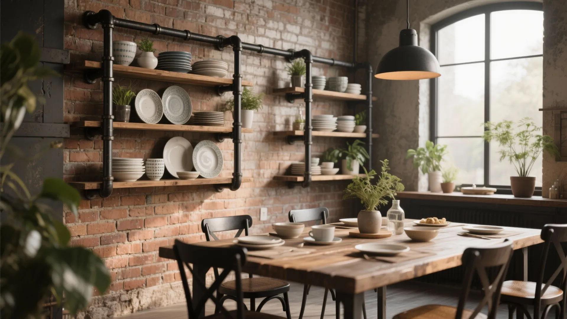 Industrial dining room with brick wall black pipe wall shelves wooden table and black chairs