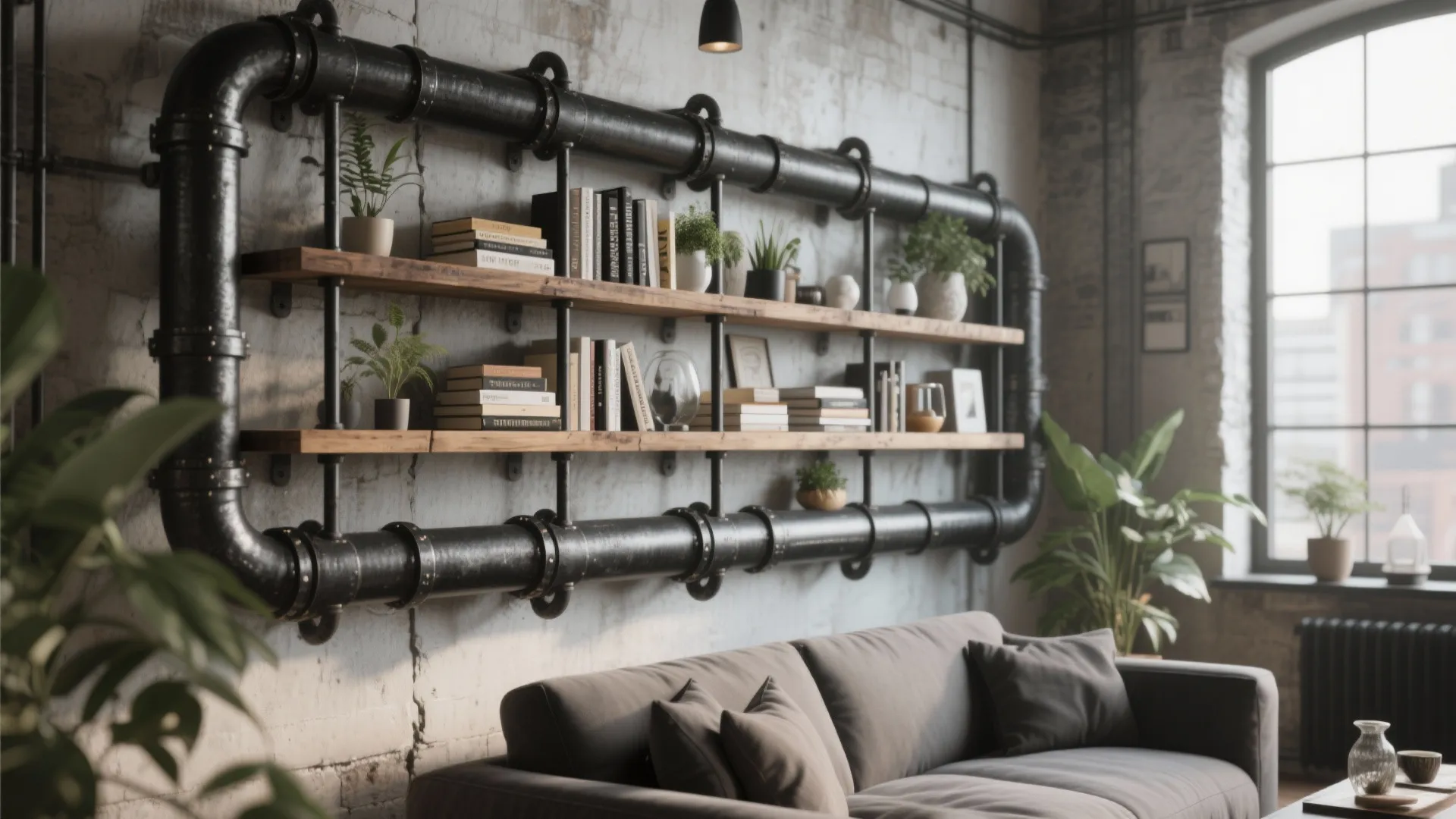Industrial pipe shelving with wood planks in loft-style living room
